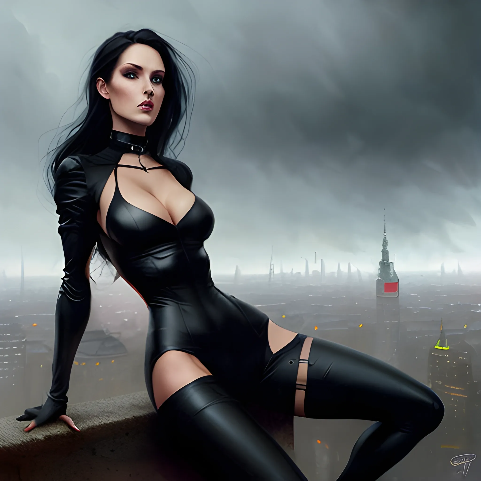  art nuovo style, polish female, dark hair, full figure, ellegant tight black costume, miniskirt, leggins,  legs,  choker, long hair,  beautiful face,  grunge girl in postapocaliptic Warsaw city in the stormy night, art by Greg Rutkowski, 
Oil Painting,