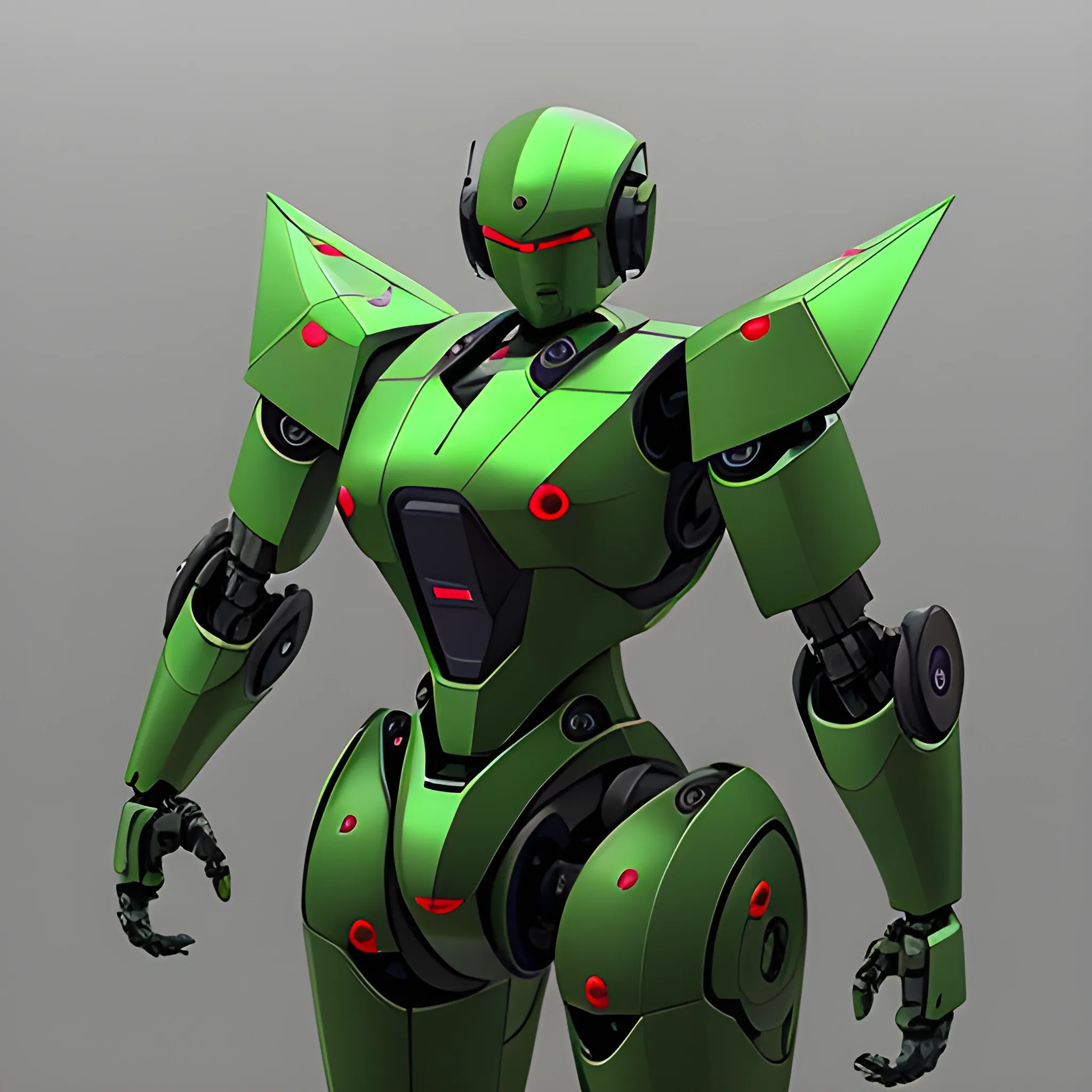 human-like mecha robot, green color, bald head, red eyes, red armor, fighting pose., 3D