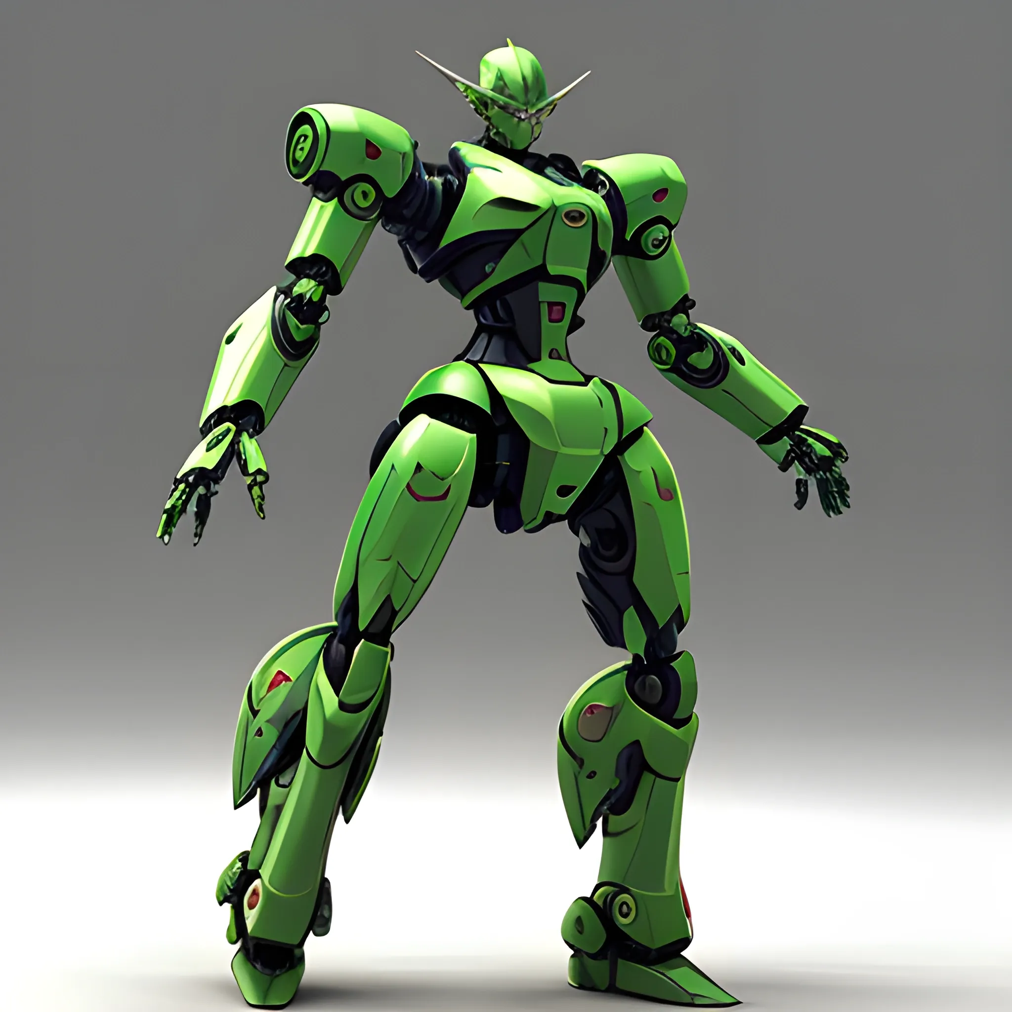 human-like mecha, green color, bald head, red eyes, red armor, fighting pose., 3D