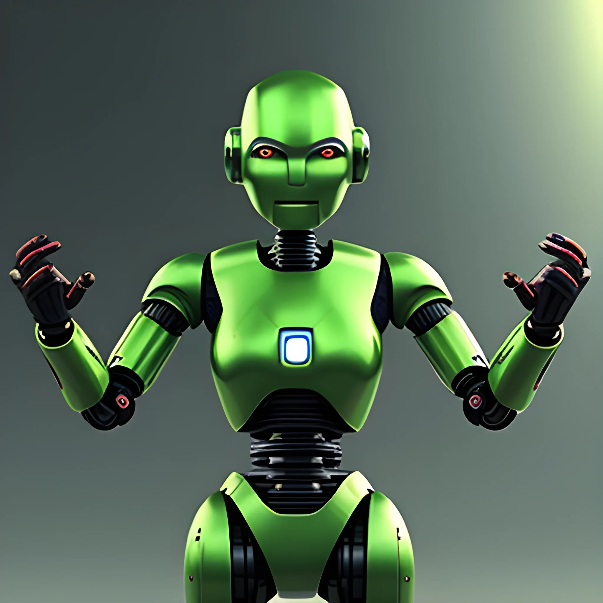 powerful human-like droid, green color, bald head, red eyes and wearing red metal armor, looks like sony the robot in the movie "I,robot". fighting pose., 3D