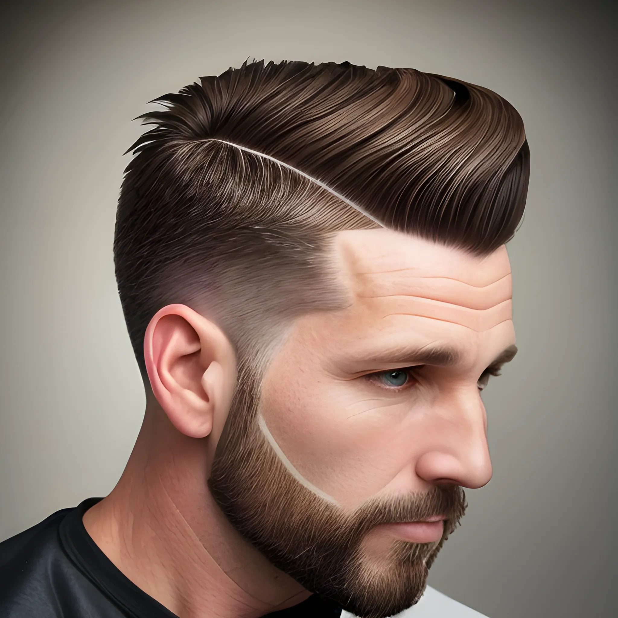 Portrait of 40 year old Caucasian male with very short brown hair coming to a peak in front with high fade for haircut with egg shaped skull. 