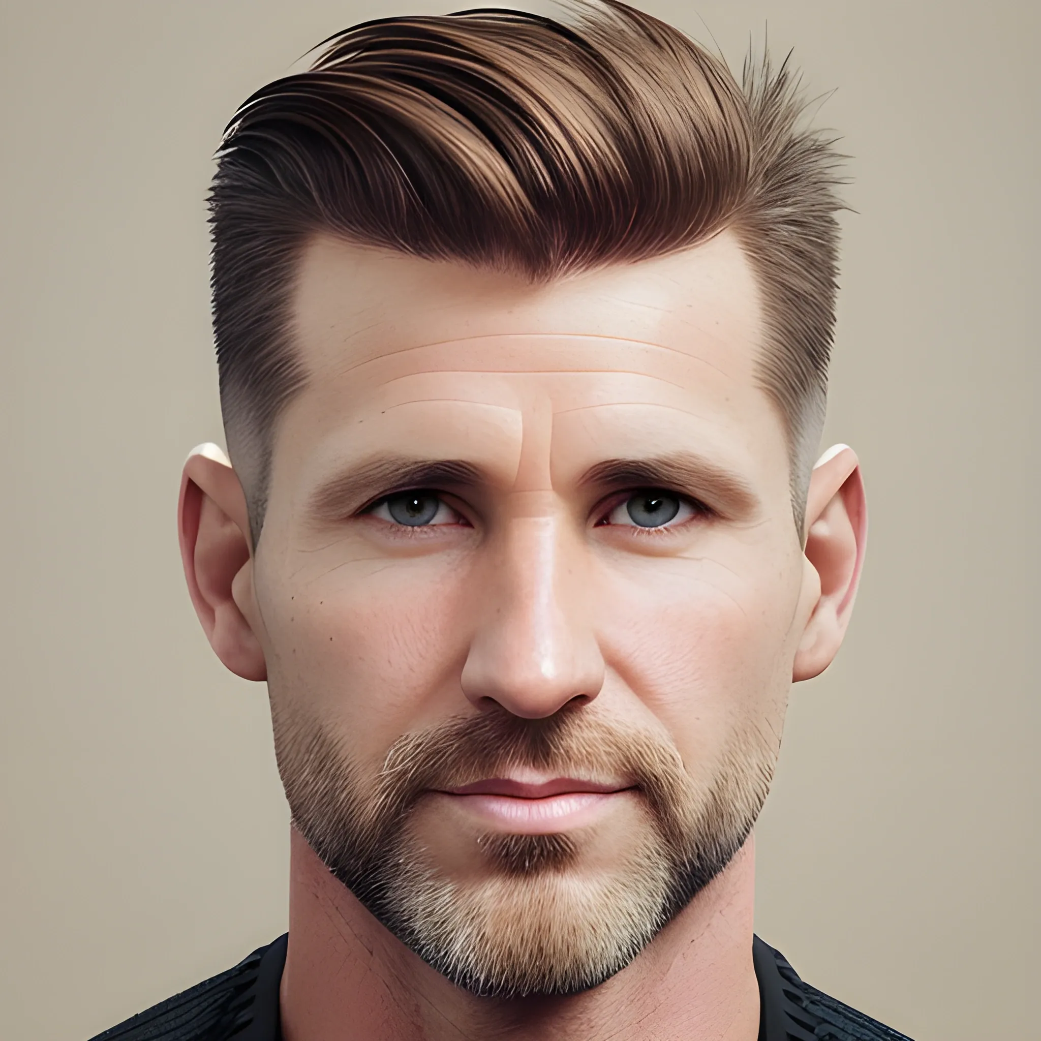 Portrait of 40 year old Caucasian male with very short brown hair coming to a peak in front with high fade for haircut with egg shaped head and no facial hair.