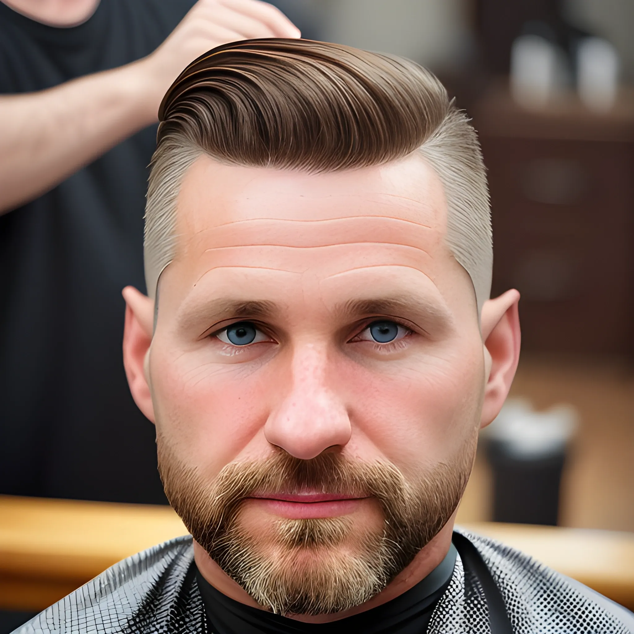 Portrait of 40 year old Caucasian male with very short brown hair coming to a peak in front with high fade for haircut with egg shaped head and no facial hair.