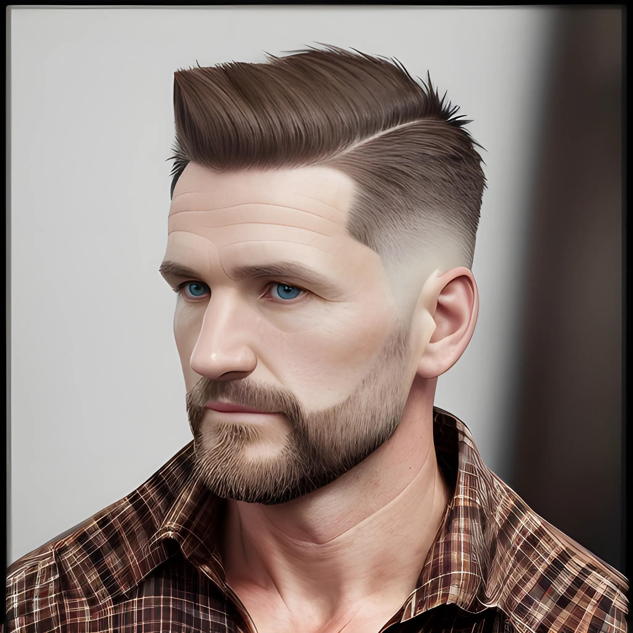 Portrait of 40 year old Caucasian male of German and Scottish ancestry with very short brown hair coming to a peak in front with high fade for haircut with egg shaped head and no facial hair.