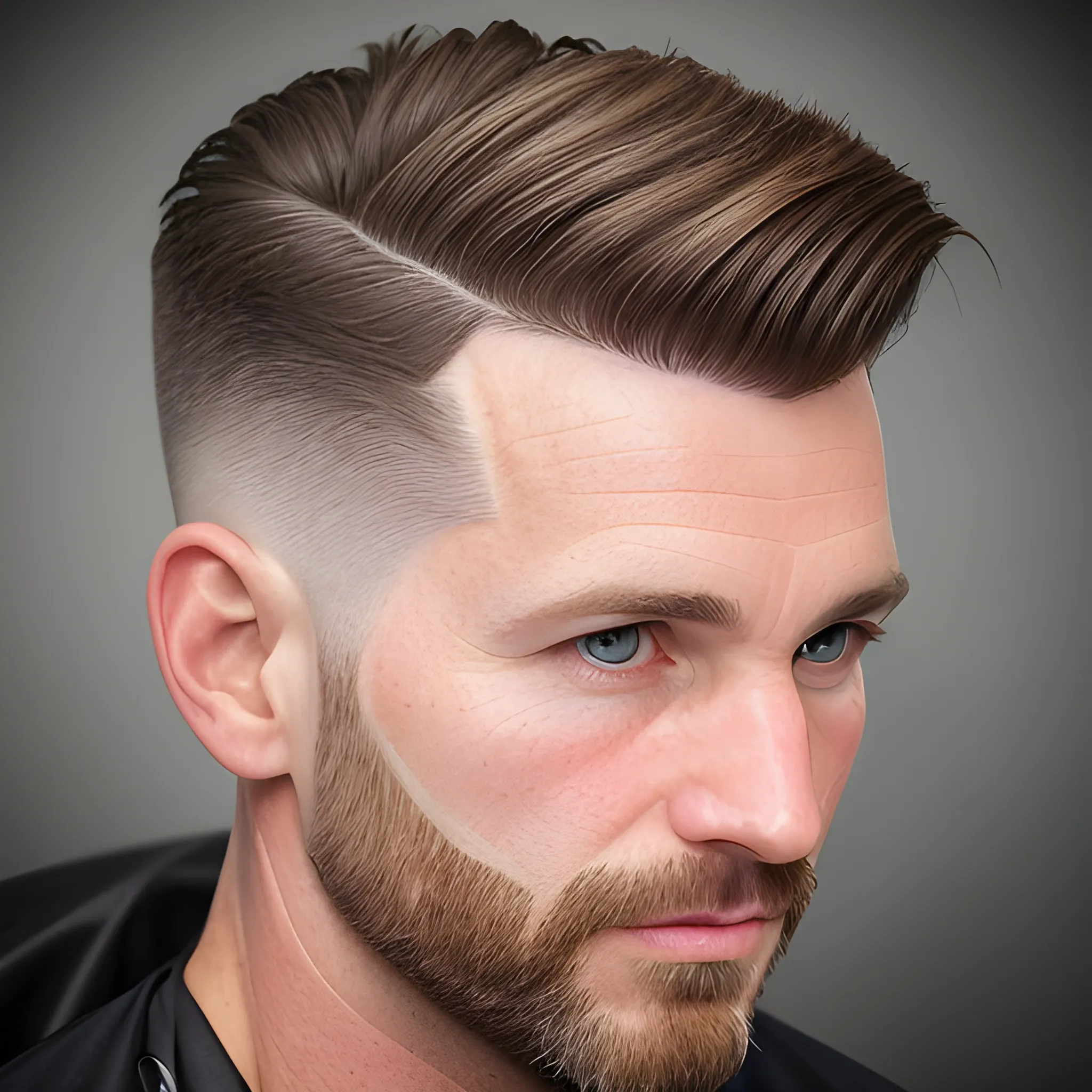 Portrait of 40 year old Caucasian male of German and Scottish ancestry with very short brown hair coming to a peak in front with high fade for haircut with egg shaped head and no facial hair.