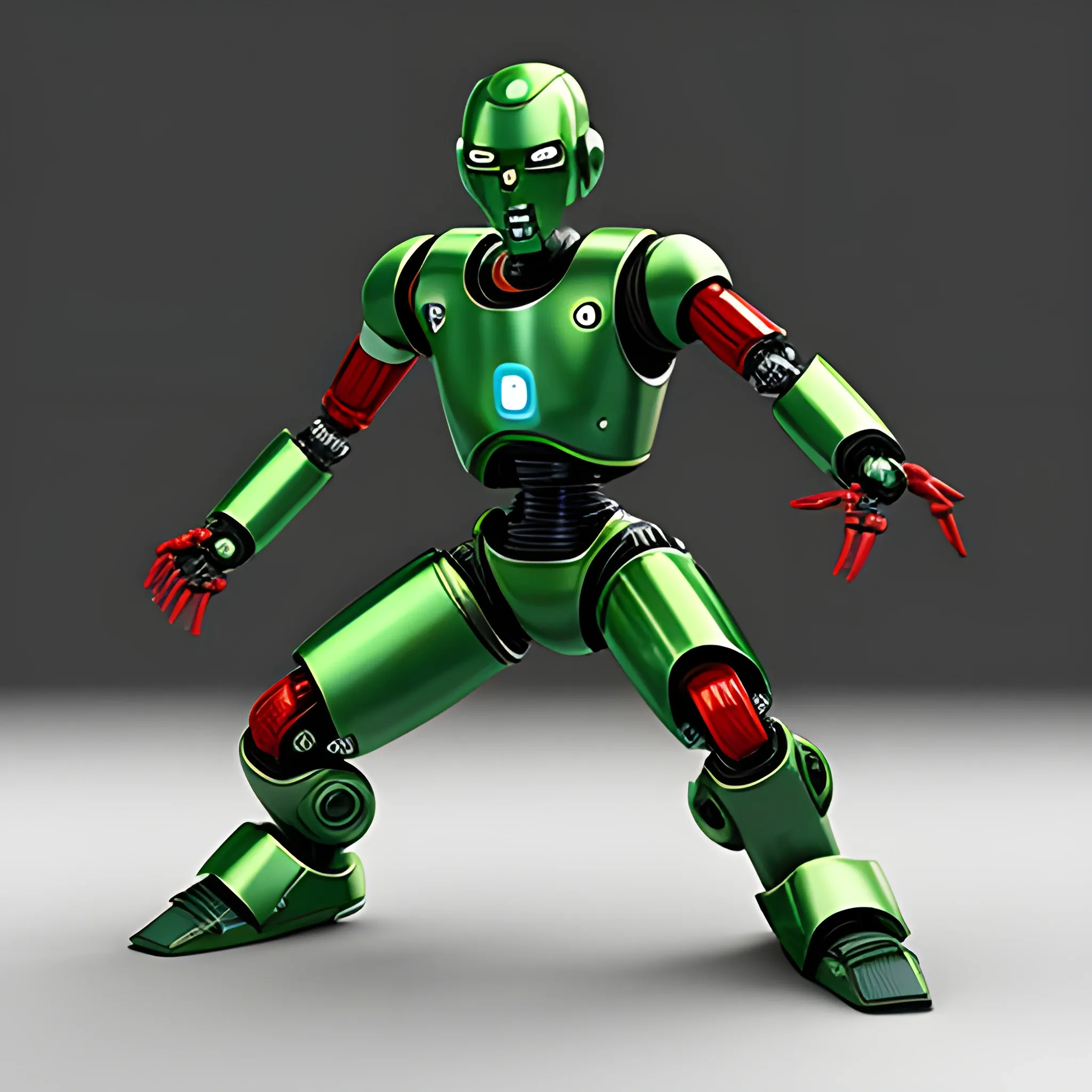 powerful human-like droid, green color, bald head, red eyes and wearing red metal armor, looks like sony the robot in the movie "I,robot". fighting pose., 3D