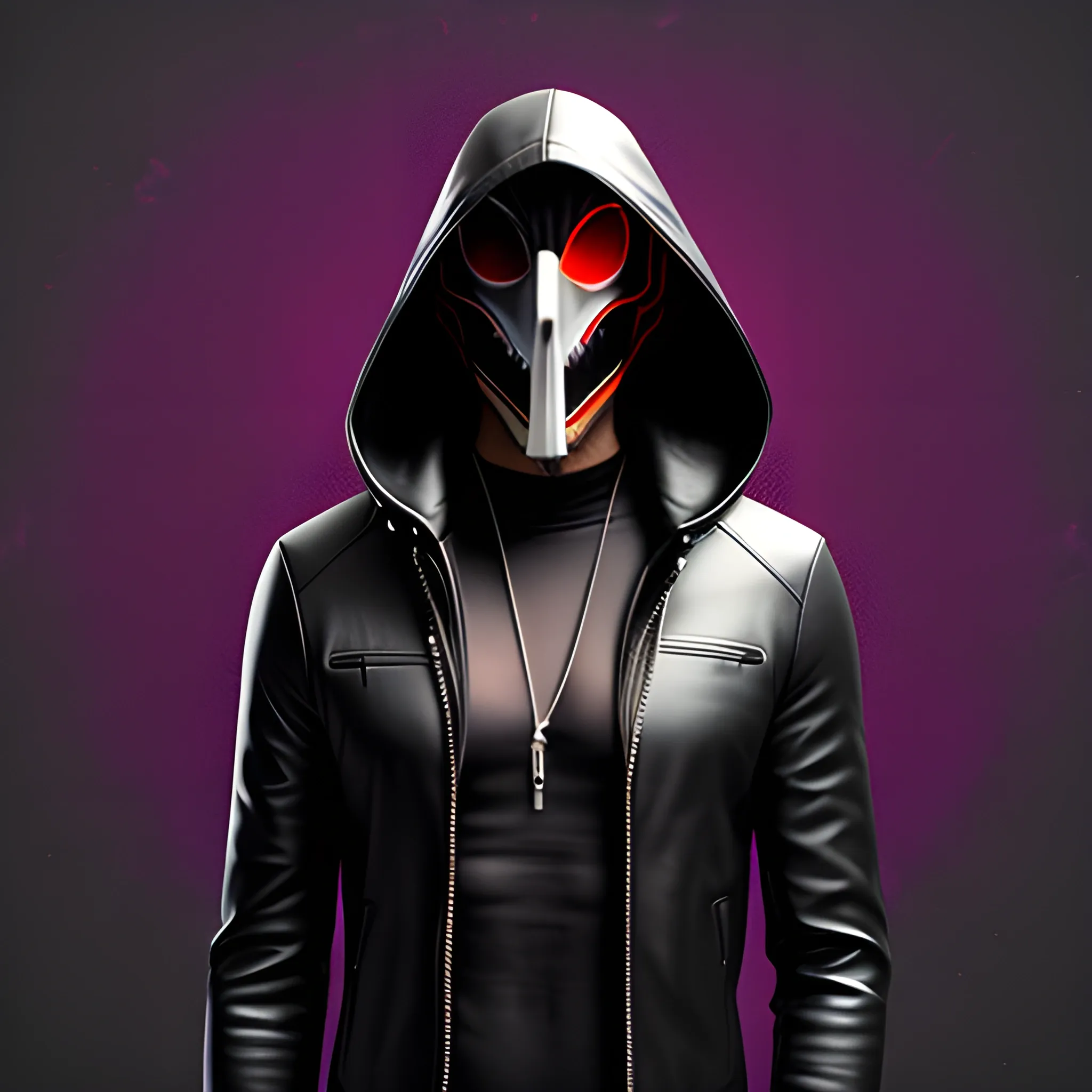 hacker boy with Leather hooded jacket and vampire mask, Trippy