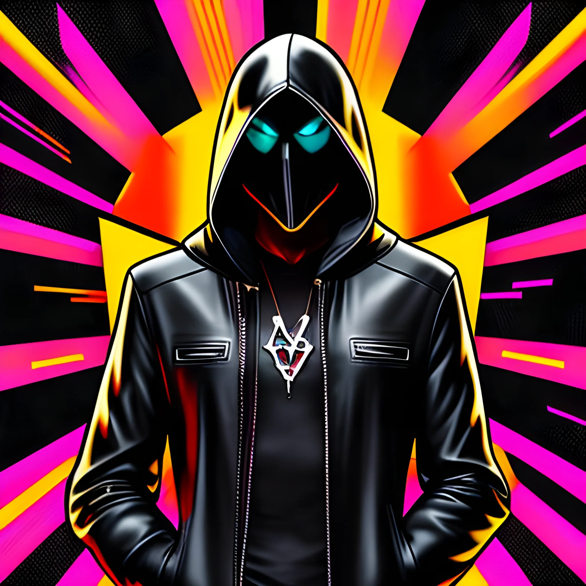 hacker boy with Leather hooded jacket and vampire mask, Trippy, Cartoon