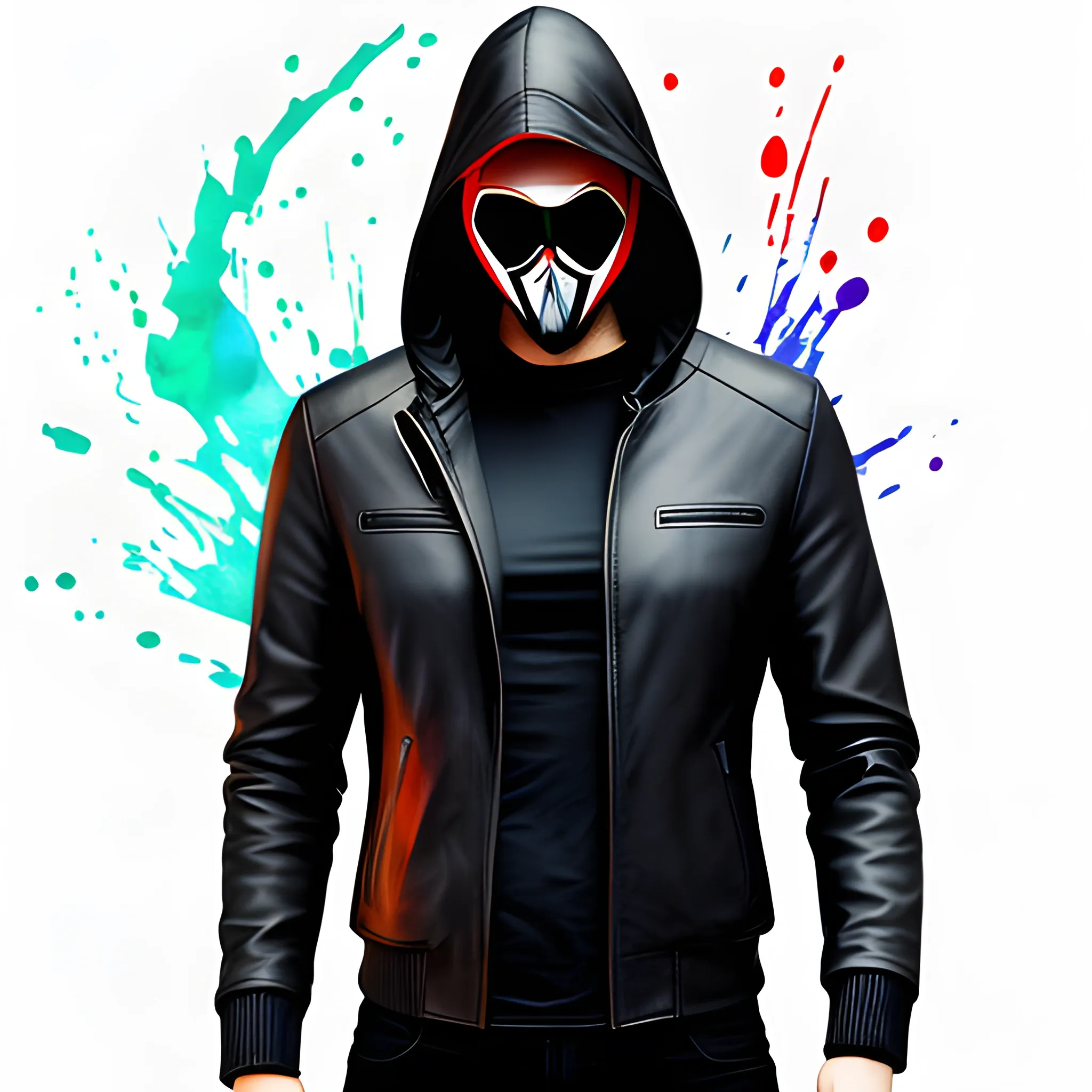 hacker boy with Leather hooded jacket and Anonymous mask, Water Color