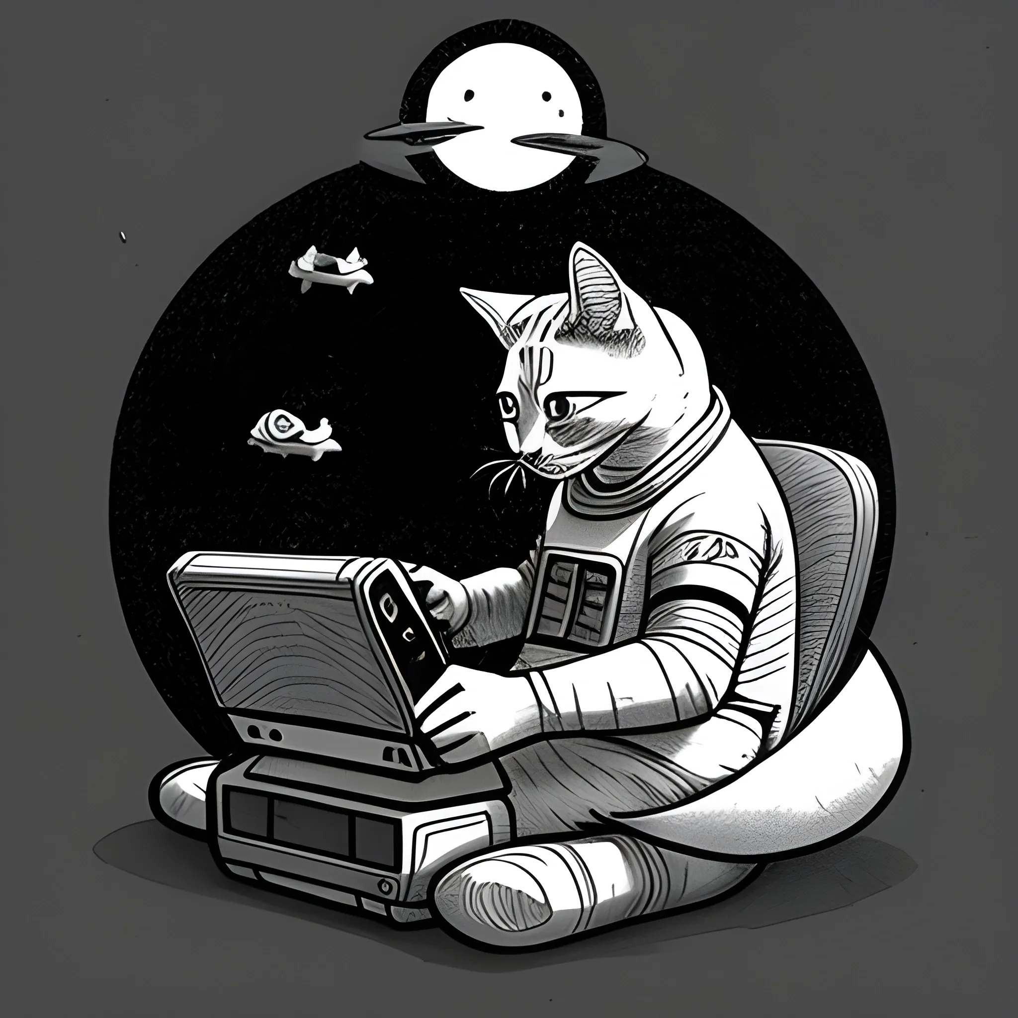 cat playing videogames on the moon, template for book, Pencil Sketch