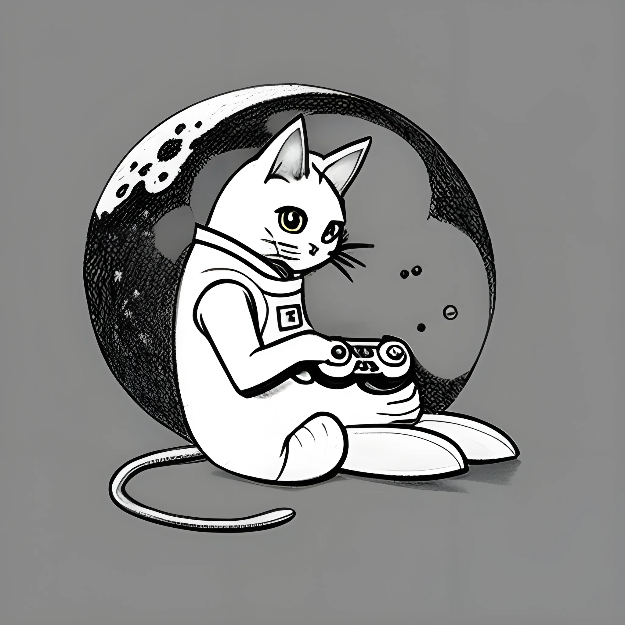 cat playing videogames on the moon, minimalist, soft background color, Pencil Sketch