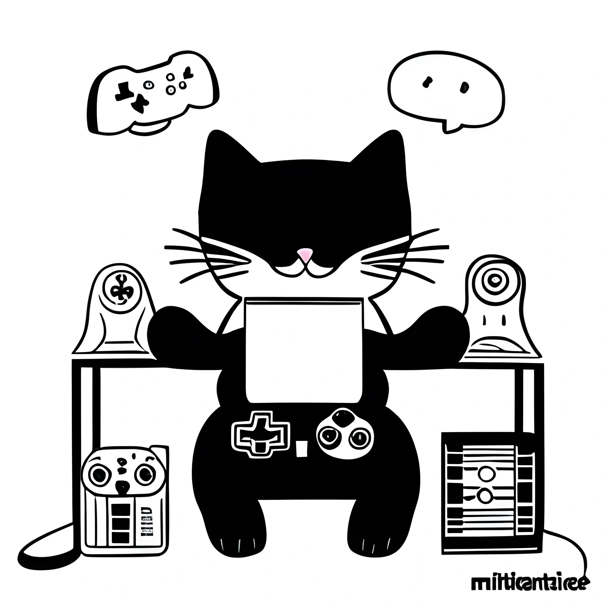 minimalist cat playing videogames, white background, doodle style