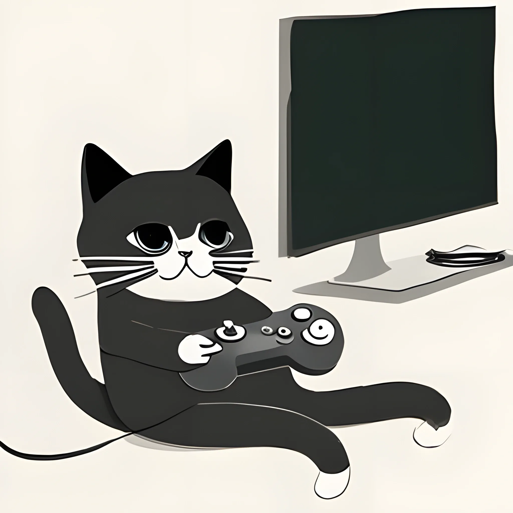 minimalist cat playing videogames, white background, doodle style