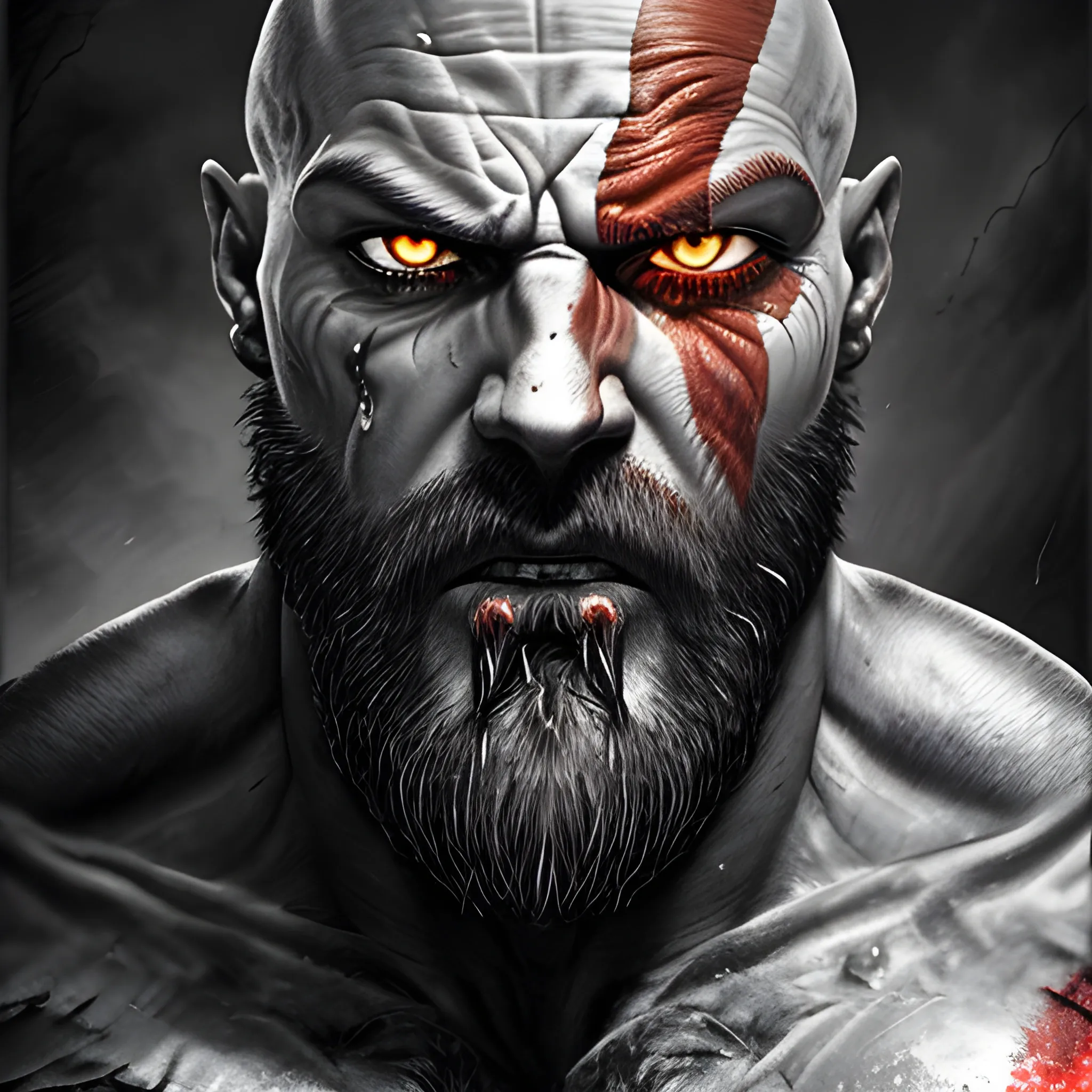 In this intense close-up, Kratos, the Spartan warrior, bears the unmistakable marks of unbridled anger. His battle-hardened face is etched with scars and a furrowed brow that cast a formidable shadow over his piercing, wrathful eyes. Veins pulse beneath his skin as his clenched jaw reveals the resolve within. Sweat and dirt streak his weathered skin, mirroring the toll of countless battles. The fiery backdrop mirrors the tumultuous storm within him. Kratos' visage, a portrait of rage, resonates with the relentless pursuit of vengeance, creating a gripping image of primal fury., Trippy, Pencil Sketch