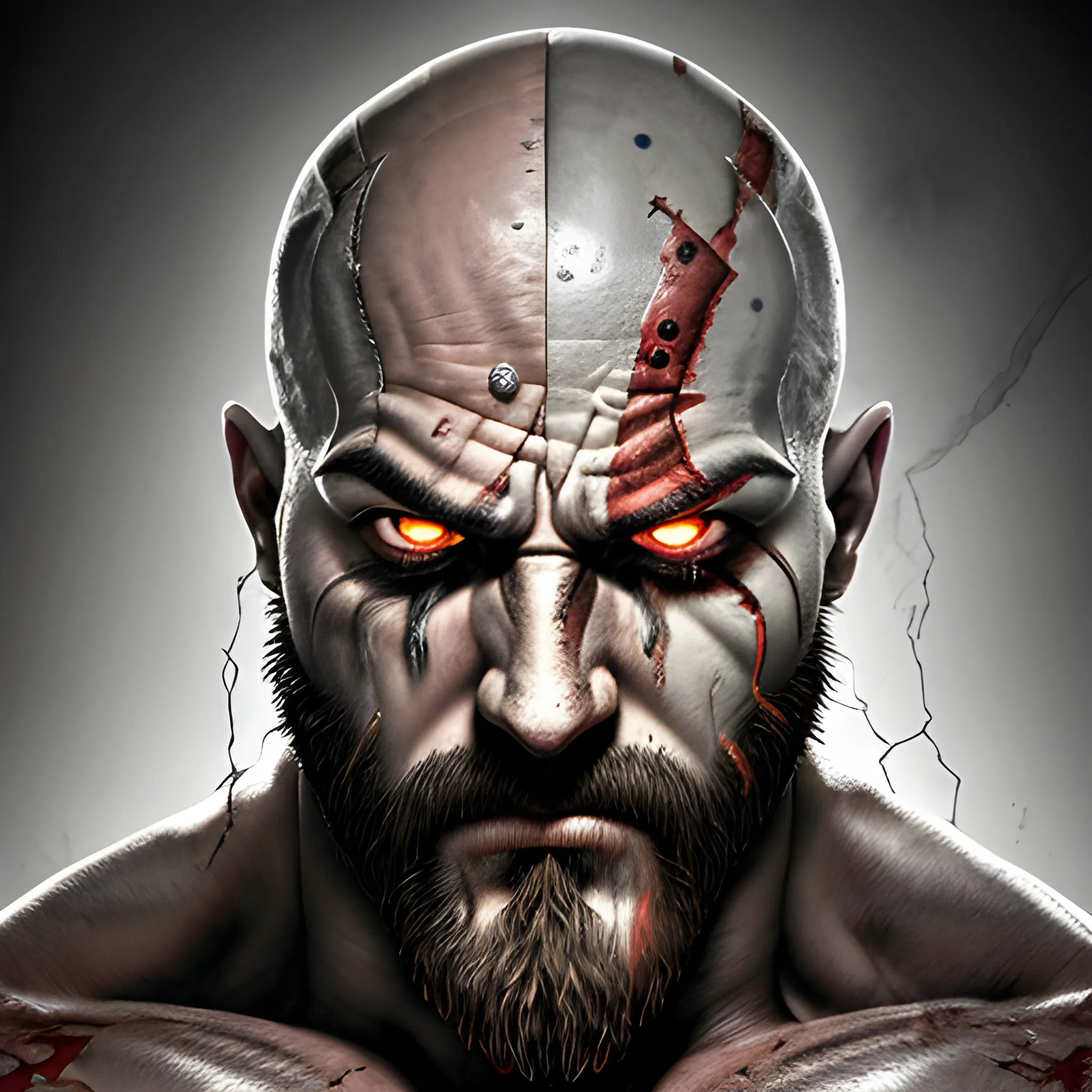 In this intense close-up, Kratos, the Spartan warrior, bears the unmistakable marks of unbridled anger. His battle-hardened face is etched with scars and a furrowed brow that cast a formidable shadow over his piercing, wrathful eyes. Veins pulse beneath his skin as his clenched jaw reveals the resolve within. Sweat and dirt streak his weathered skin, mirroring the toll of countless battles. The fiery backdrop mirrors the tumultuous storm within him. Kratos' visage, a portrait of rage, resonates with the relentless pursuit of vengeance, creating a gripping image of primal fury., Trippy, Pencil Sketch, Trippy