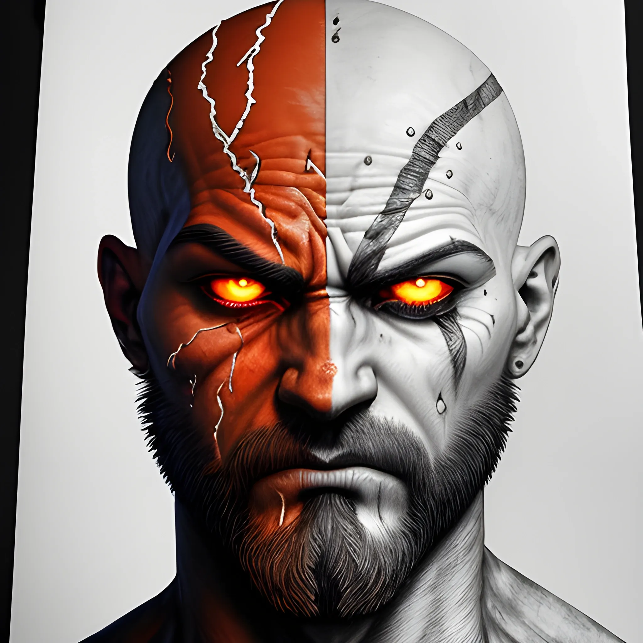 In this intense long-up, Kratos, the Spartan warrior, bears the unmistakable marks of unbridled anger. His battle-hardened face is etched with scars and a furrowed brow that cast a formidable shadow over his piercing, wrathful eyes. Veins pulse beneath his skin as his clenched jaw reveals the resolve within. Sweat and dirt streak his weathered skin, mirroring the toll of countless battles. The fiery backdrop mirrors the tumultuous storm within him. Kratos' visage, a portrait of rage, resonates with the relentless pursuit of vengeance, creating a gripping image of primal fury., Trippy, Pencil Sketch, Trippy