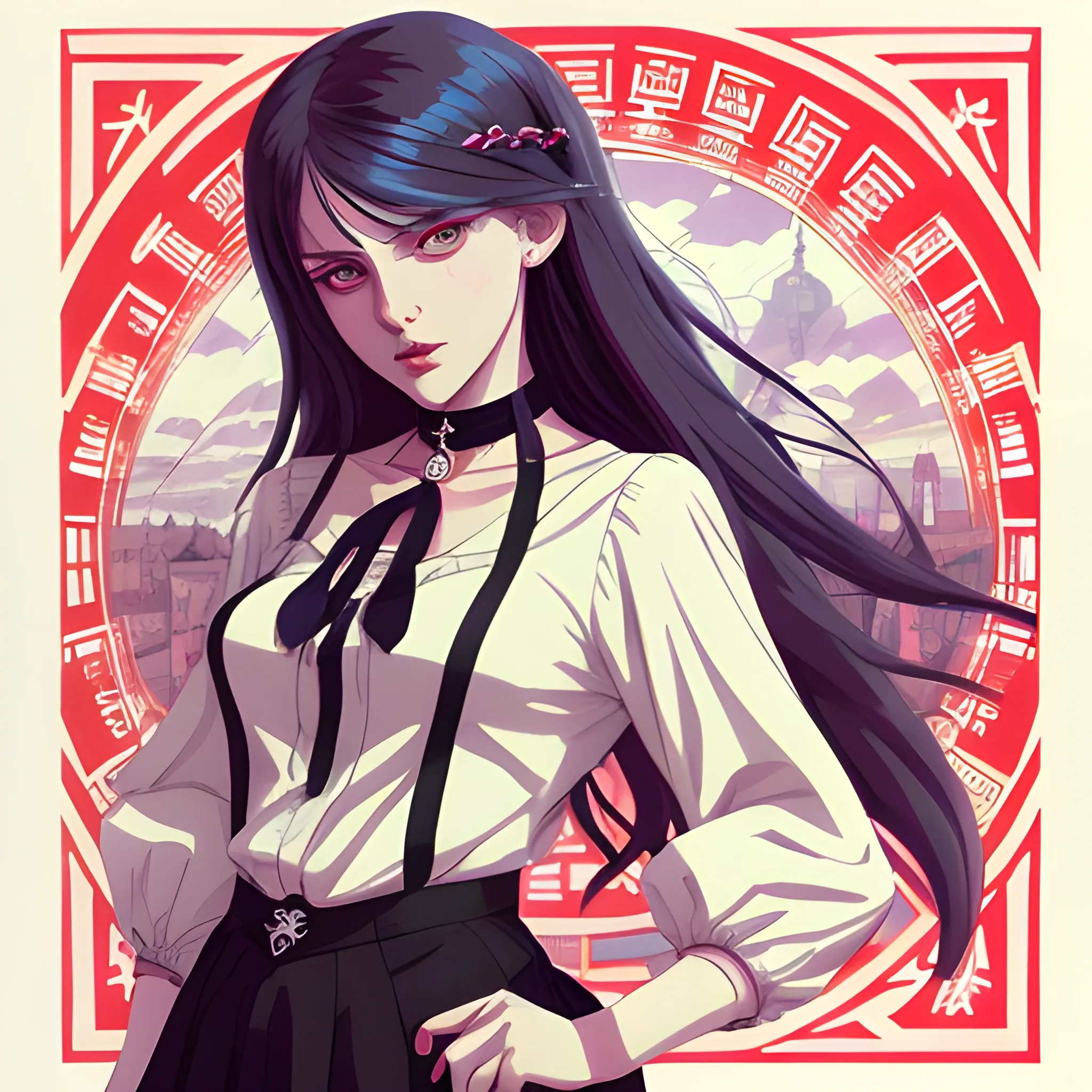 An image of a slavic woman wearing choker in a manga art, anime style character style Art Nouveau painting, red and sillver colors,  true aesthetics, casual fashion shot of a beautiful modern woman posing in front of a psychedelic art nouveau style. classy style polish female, full figure, fit, ellegant tight white shirts, ties, miniskirts,  legs,  choker, cross, long hair, classy,  beautiful faces, manga eyes, open mouth, postapocaliptic Warsaw city in the background, dark night, art by Greg Rutkowski, acrylic, high contrast, colorful polychromatic, ultra detailed, ultra quality, CGSocietyHighly detailed, highest quality  