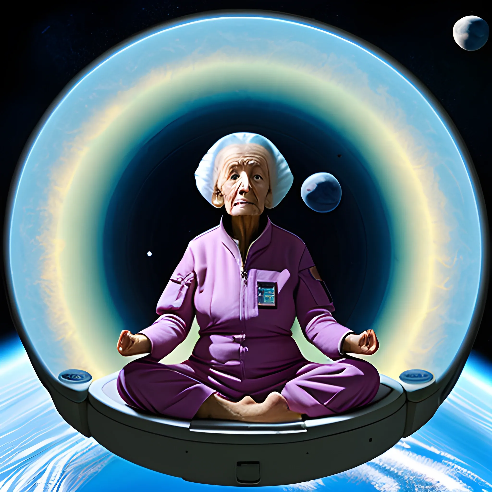 An elderly lady on the space station, meditation, surreal