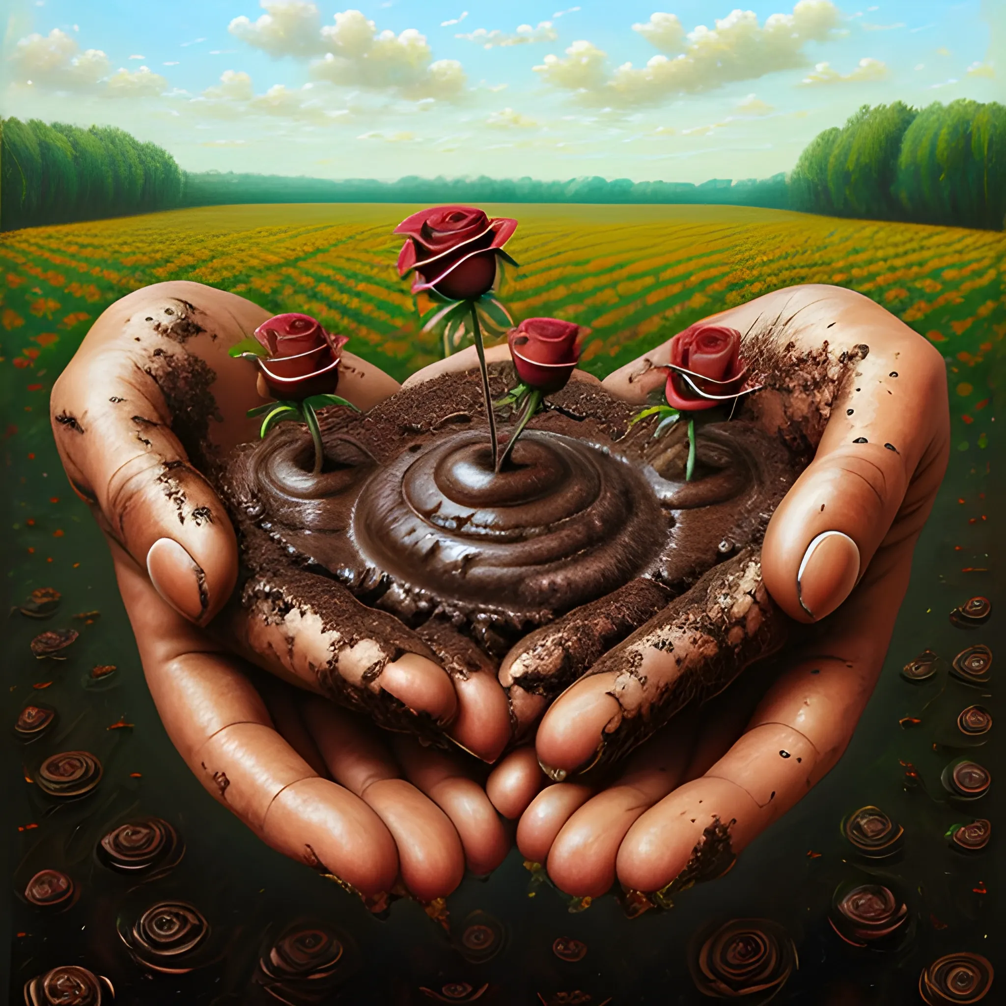 a brown skin hand, holding 3 roses that have mud on them, in an open field, meditation, surreal, Trippy, Oil Painting