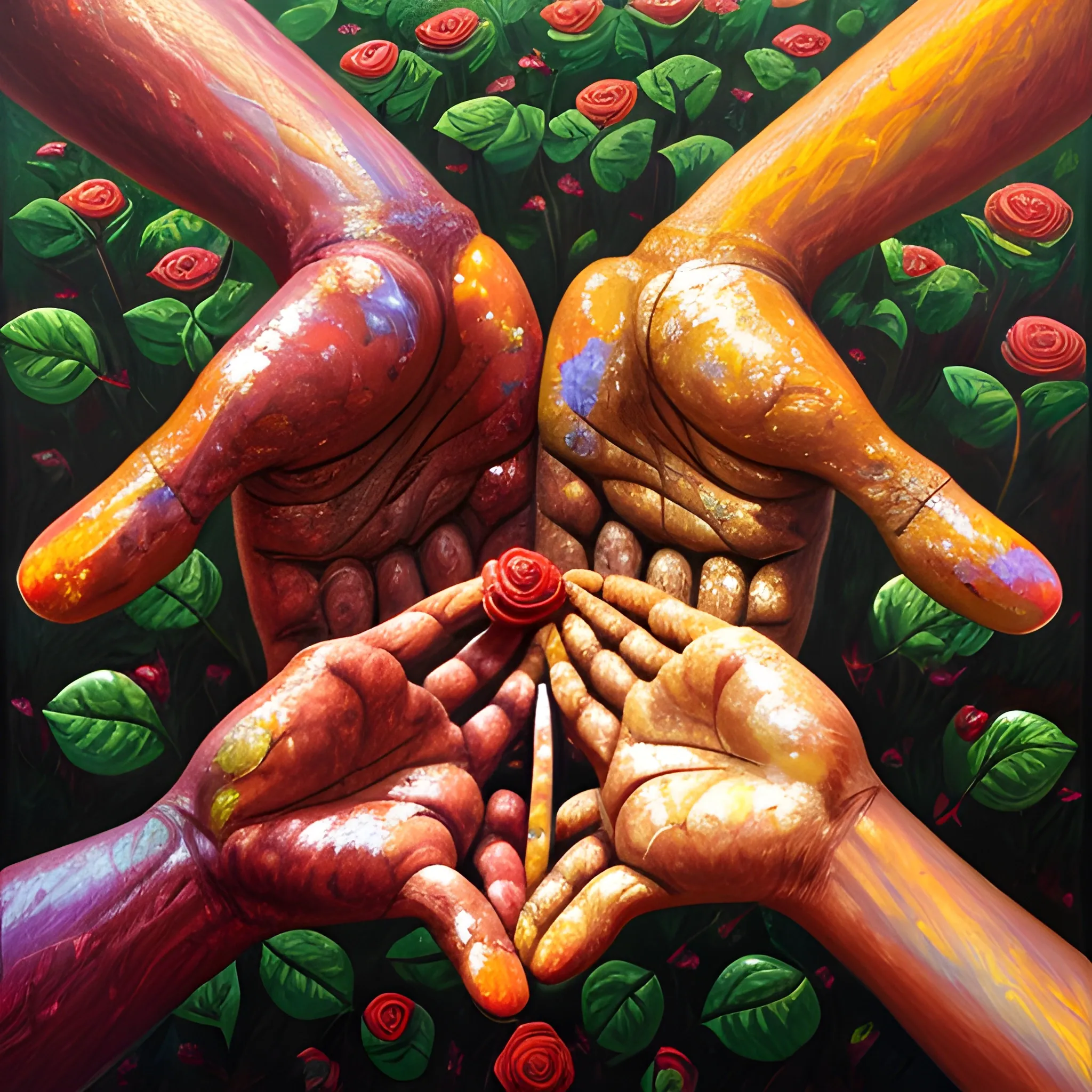 Two brown skin hands, 1 white hand, holding 3 roses that have mud on them, in an open field, meditation, Trippy, Oil Painting, drawing