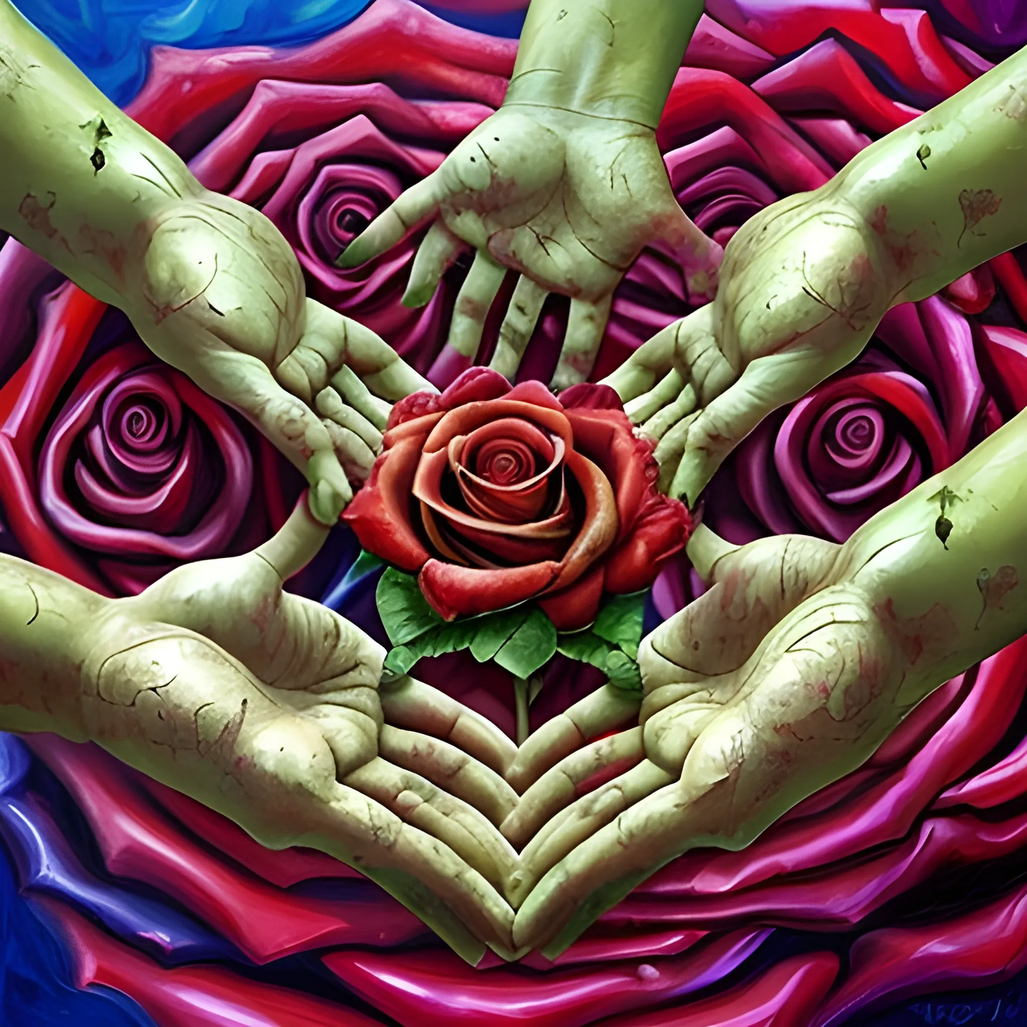 3 sets of hands, holding 3 roses, roses that have mud on them, in an open field, Trippy, Oil Painting that plays tricks on the mind
