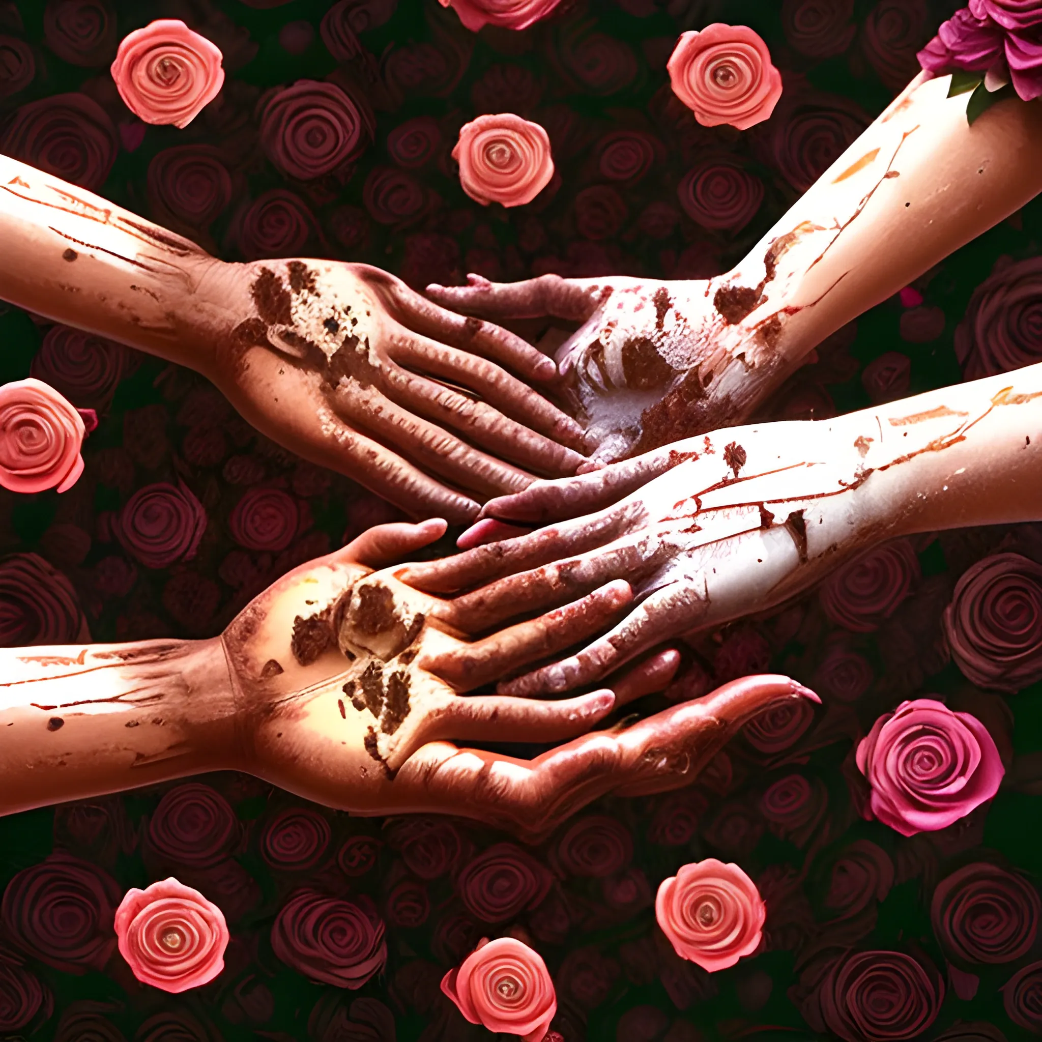 2 brown skin hands, 1 white hand, holding 3 roses, roses that have mud on them, in an open field, meditation, surreal, Trippy, Cartoon