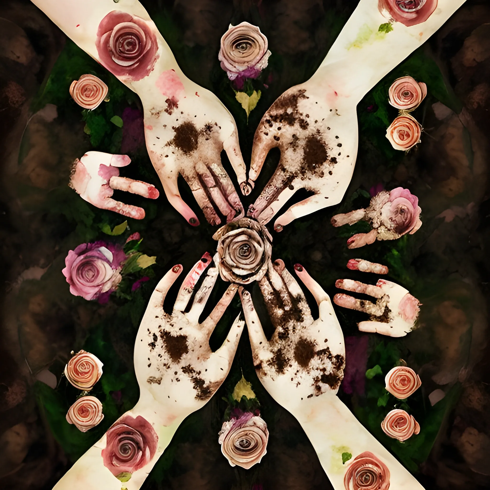 3 brown hands, holding 3 roses, roses that have mud on them, in an open field, meditation, peaceful, Trippy, Water Color