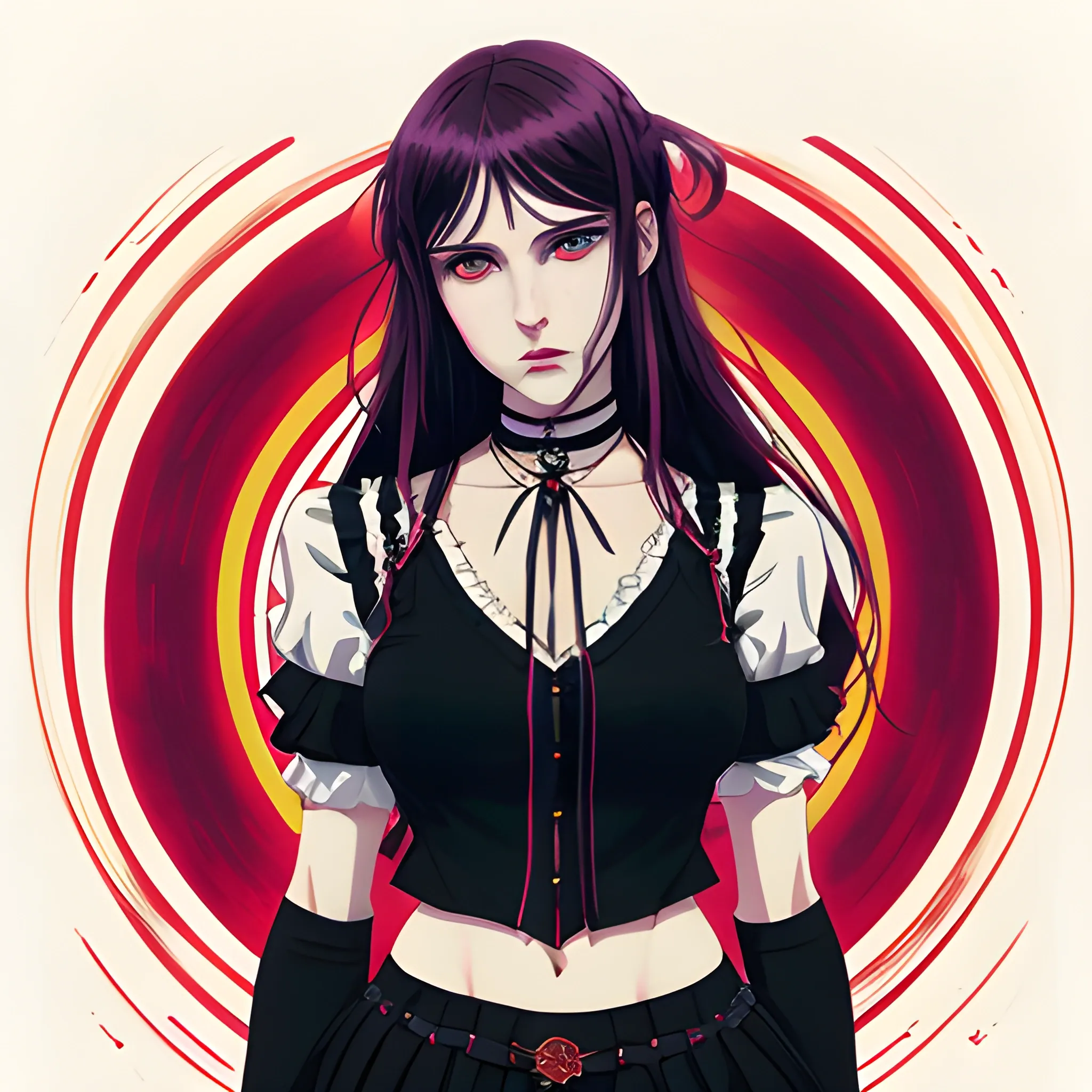 An image of a slavic woman wearing choker in a manga art, anime style character style Art Nouveau painting, red and sillver colors,  true aesthetics, casual fashion shot of a beautiful modern woman posing in front of a psychedelic art nouveau style. classy style polish female, full figure, fit, ellegant tight white shirts, ties, miniskirts,  legs,  choker, cross, long hair, classy,  beautiful faces, manga eyes, open mouth, postapocaliptic Warsaw city in the background, dark night, art by Greg Rutkowski, acrylic, high contrast, colorful polychromatic, ultra detailed, ultra quality, CGSocietyHighly detailed, highest quality  