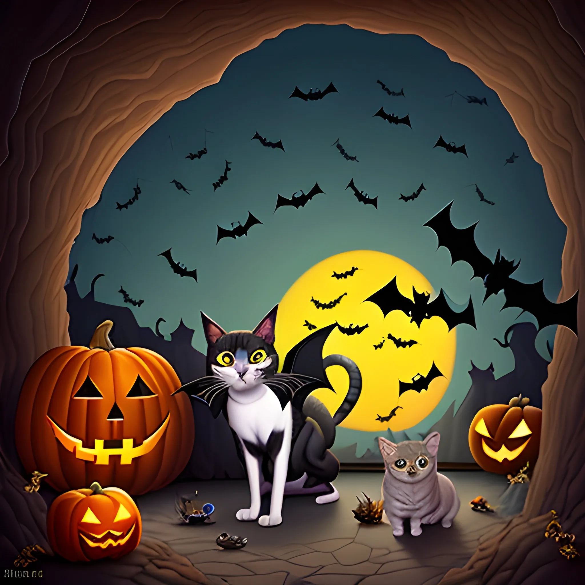 Cats and dogs in a cave dressed in Halloween costumes with bats and spiders all around cave, Cartoon, 3D