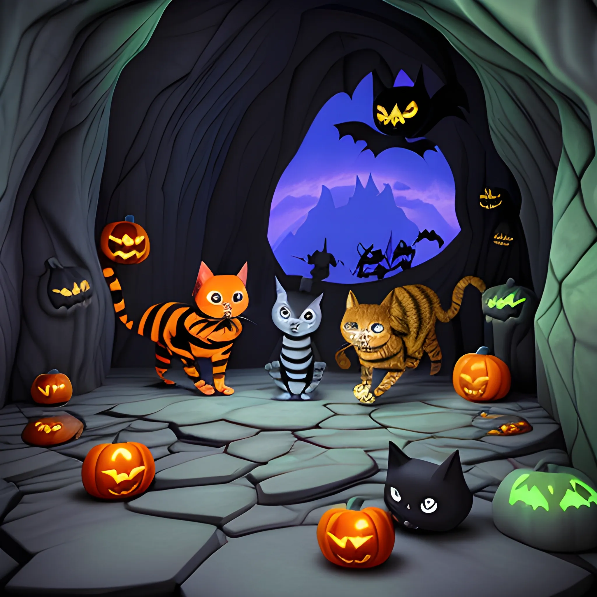 Cats in a cave dressed in Halloween costumes with bats and spiders all around cave, 3D, Trippy, Cartoon