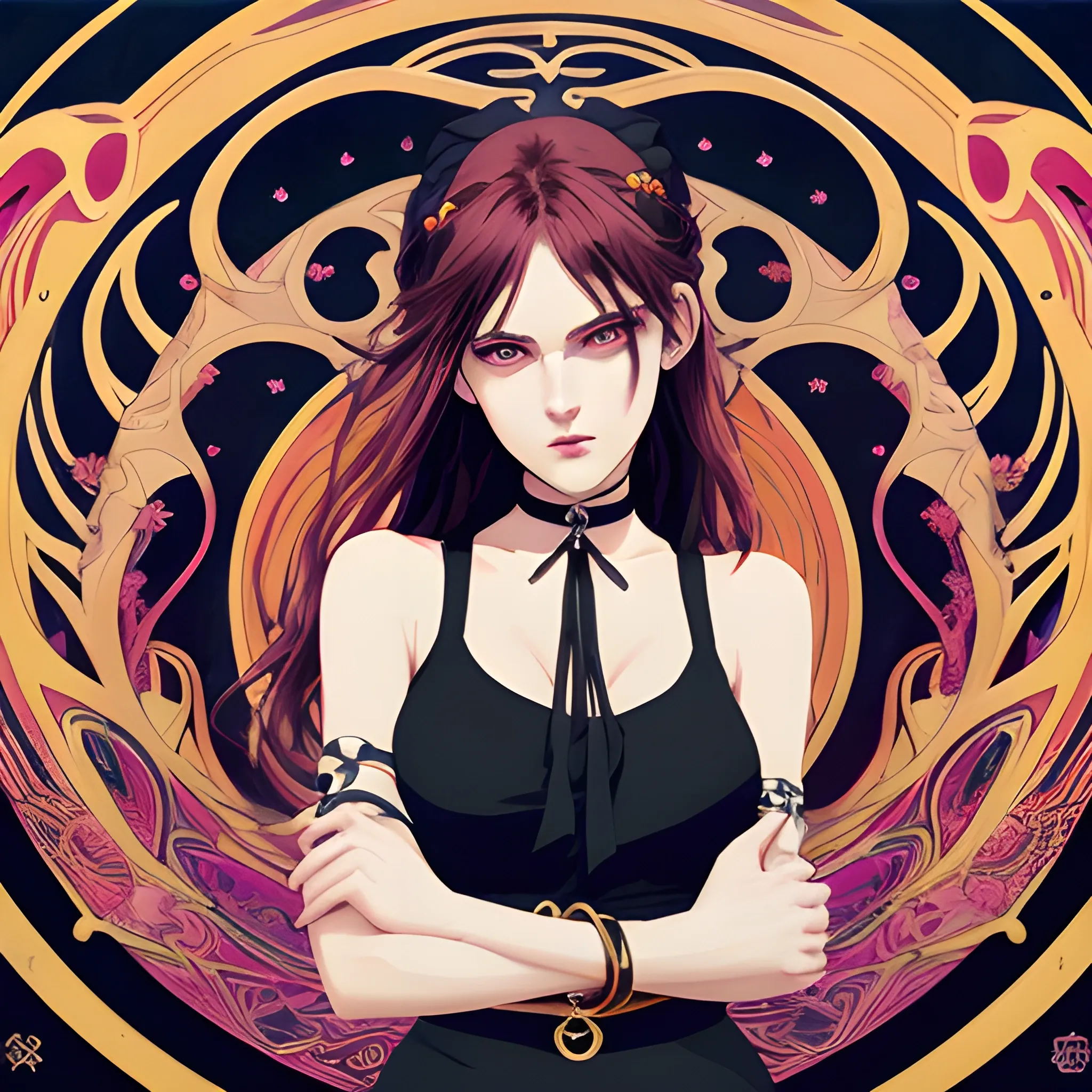 An image of a slavic woman wearing choker in a manga art, anime style character style Art Nouveau painting, red gold and sillver colors,  true aesthetics, casual fashion shot of a beautiful modern woman posing in front of a psychedelic art nouveau style. classy style polish female, full figure, fit, ellegant tight white shirts, ties, miniskirts,  legs,  choker, cross, long hair, classy,  beautiful faces, manga eyes, open mouth, postapocaliptic Warsaw city in the background, dark night, art by Greg Rutkowski, acrylic, high contrast, colorful polychromatic, ultra detailed, ultra quality, CGSocietyHighly detailed, highest quality  