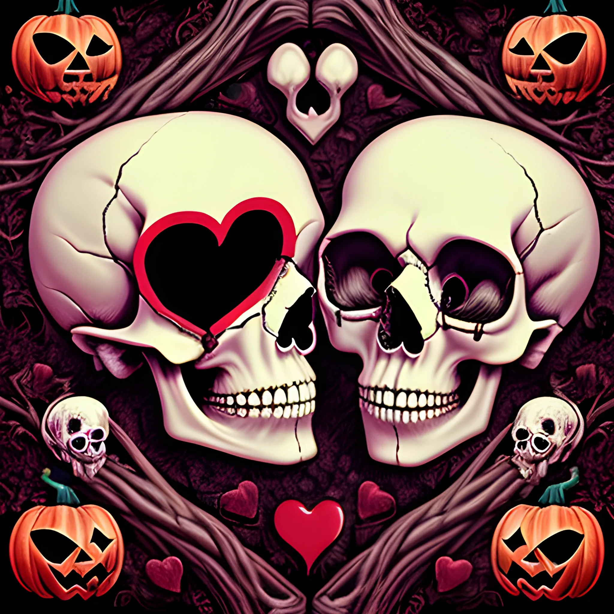 A male skull with veins, female skull with veins, looking at each other with bloody heart between them, words “Till Death Do Us Part” , Halloween themed, Trippy, Cartoon, 3D