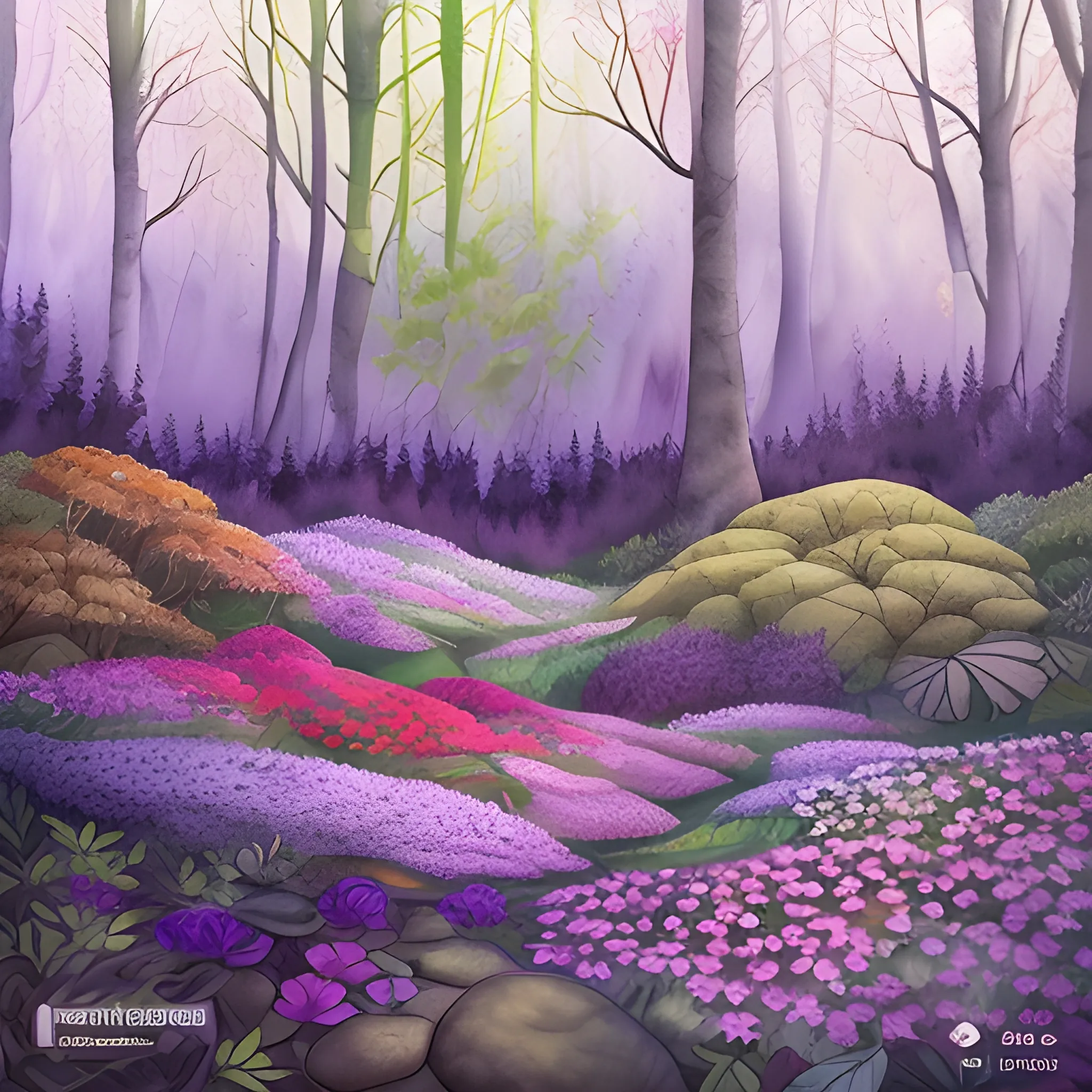 Create a watercolor painting depicting a 45-degree angle view from the forest floor, with an abundant carpet of leaves and numerous flowers. Use a color palette of purples to bring this vegetation blanket to life. Ensure you capture the intricate beauty of the leaves and flowers in the foreground. Your artwork should convey the feeling of being immersed in the lush wilderness of the forest.