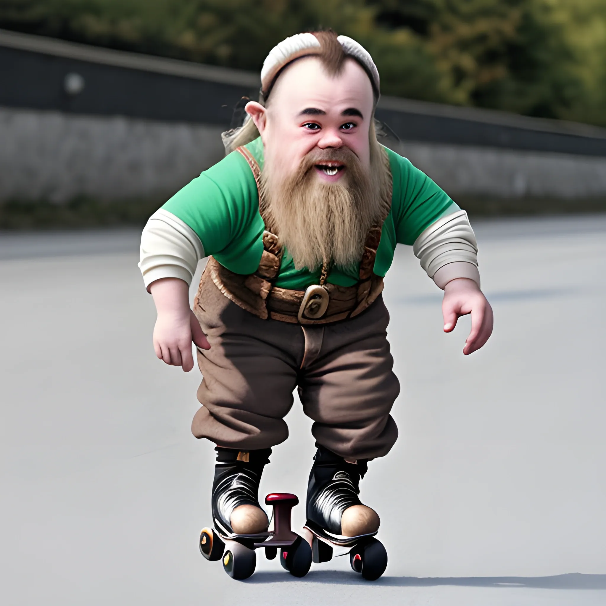 dwarf with down syndrome on rollerskates