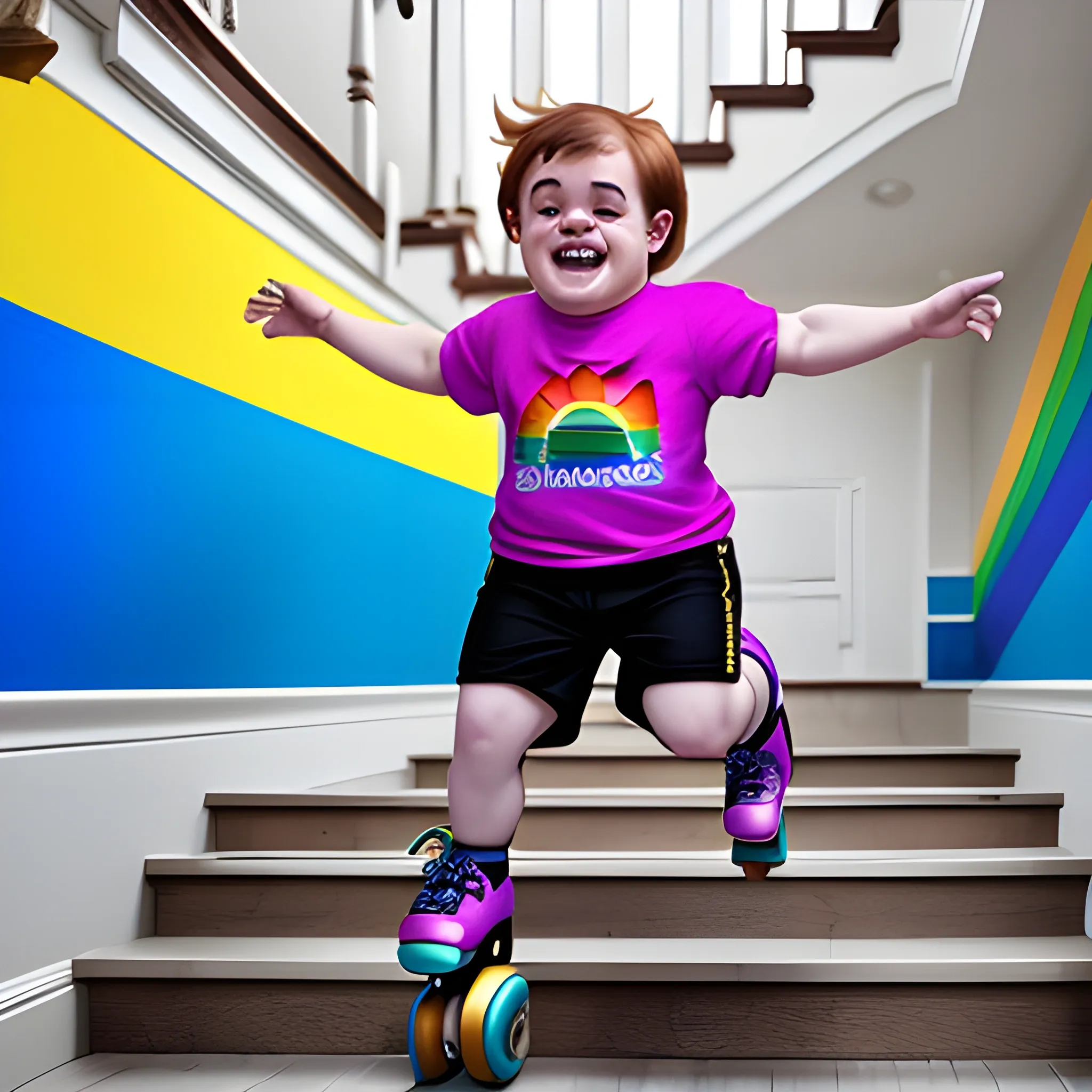 man with dwarfism with down syndrome jumping from stairs on rollerskates wearing a rainbow shirt