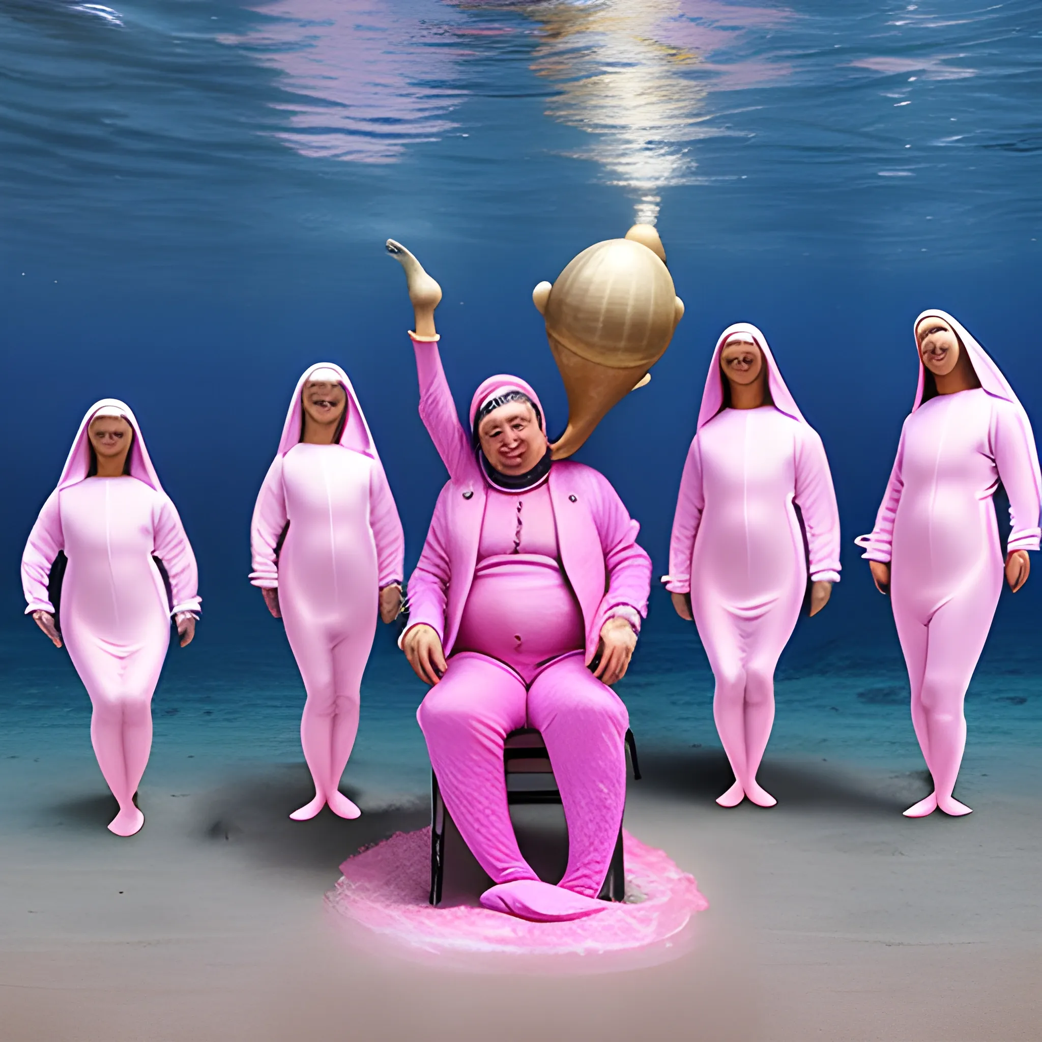 tall man with dwarfism in mermaid suit, nuns in pink suits, space