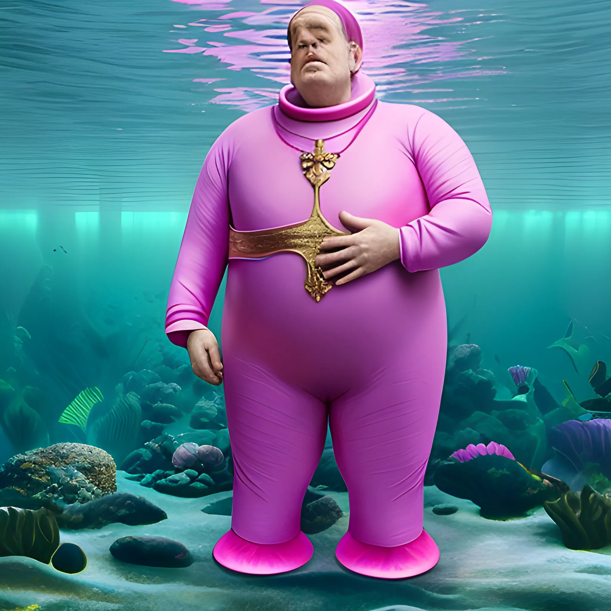 tall man with dwarfism in mermaid suit, nuns in pink suits, space