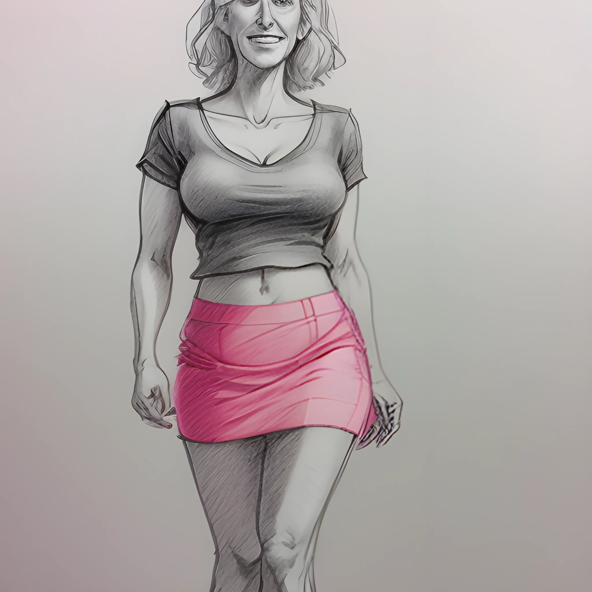 43 y.o. MILF walks in a short skirt when a gust of wind lifts the skirt to reveal her pink underwear, Pencil Sketch