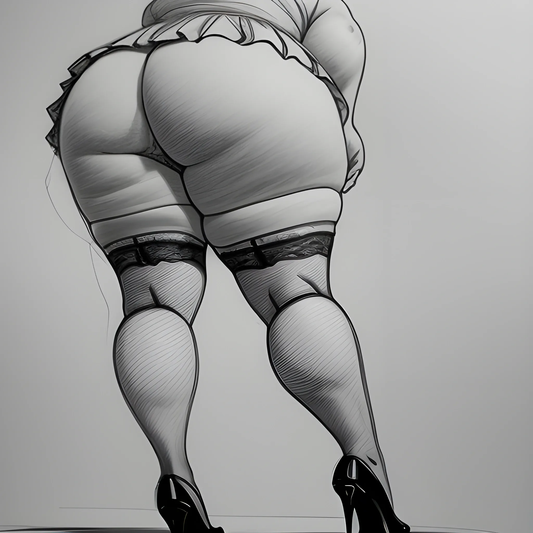 (SFW:1.3), from behind, low angle, masterpiece, stunning intricate pencil sketch portrait of 43 y.o. obese MILF walks in a short skirt when a gust of wind lifts the skirt to reveal her thighs, stocking and garter, high heels, (Pencil Sketch), (full body shot:1.3), hyper-detailed, distance shot,

