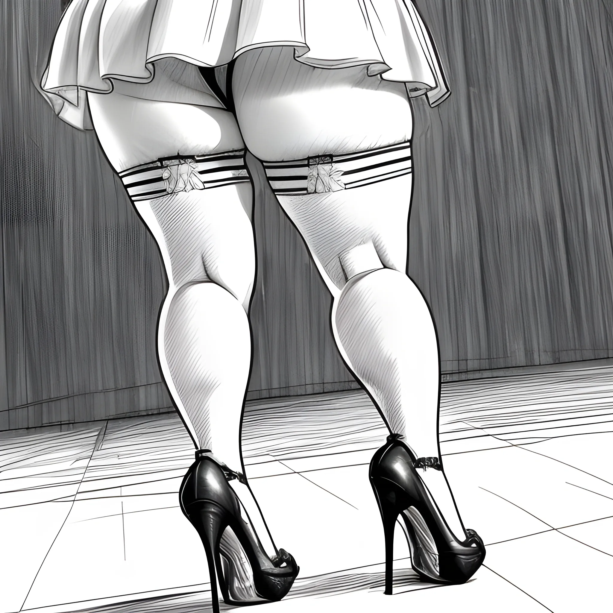 (SFW:1.4), from behind, low angle, masterpiece, stunning intricate pencil sketch portrait of 43 y.o. obese pinup MILF walks in a short skirt when a gust of wind lifts the skirt to reveal her thighs, stocking and garter, high heels, (Pencil Sketch), (full body shot:1.3), hyper-detailed, distance shot, pinup art, embarrassed face,

