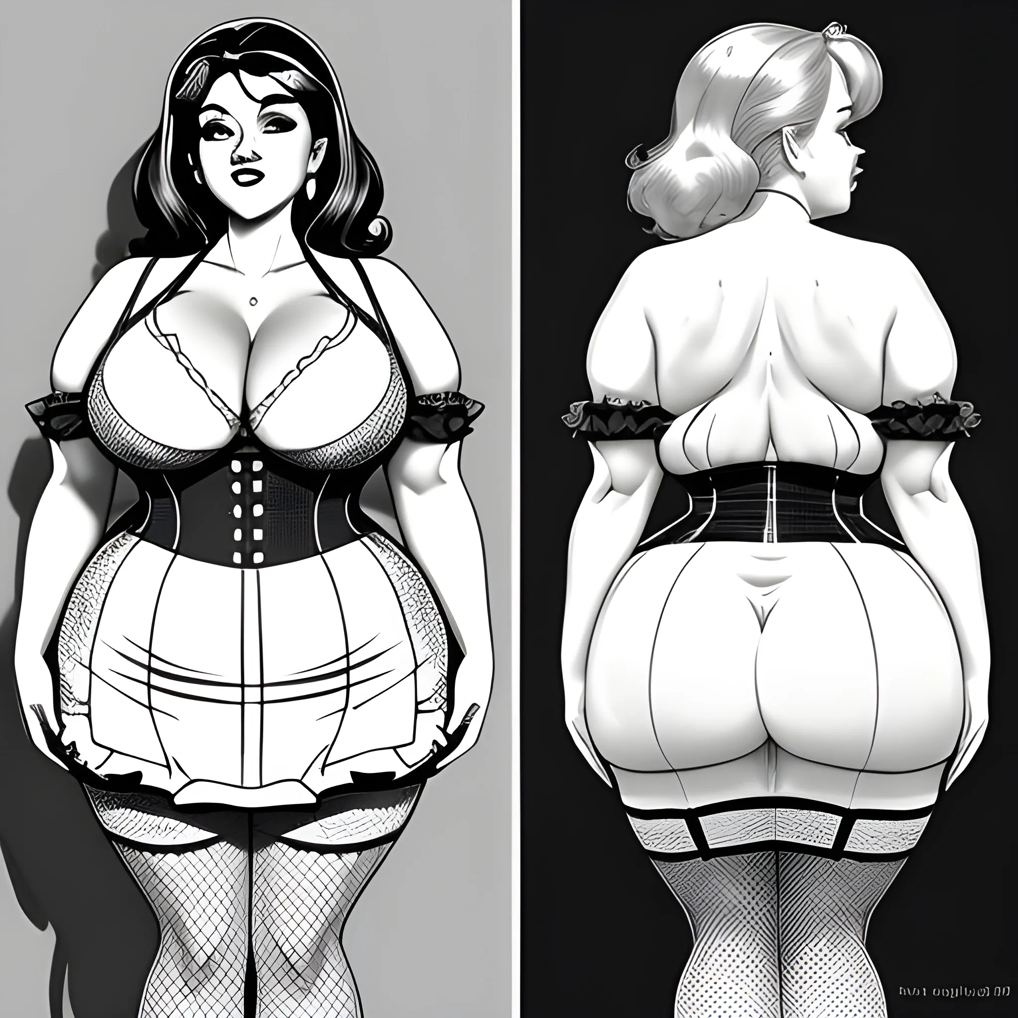 multiple views, (SFW:1.5), from behind, low angle, masterpiece,  hyper-detailed, stunning intricate hyperrealistic pencil portrait of 43 y.o. obese pinup MILF walks down a busy street in a short skirt when a gust of wind lifts the skirt to reveal her thighs, stocking and garter, high heels, (Pencil Sketch), thick outlines, by Monica Lee, (full body shot:1.4),  ultra-detailed skin, distance shot, pinup art, embarrassed face, half turn pinup pose,

