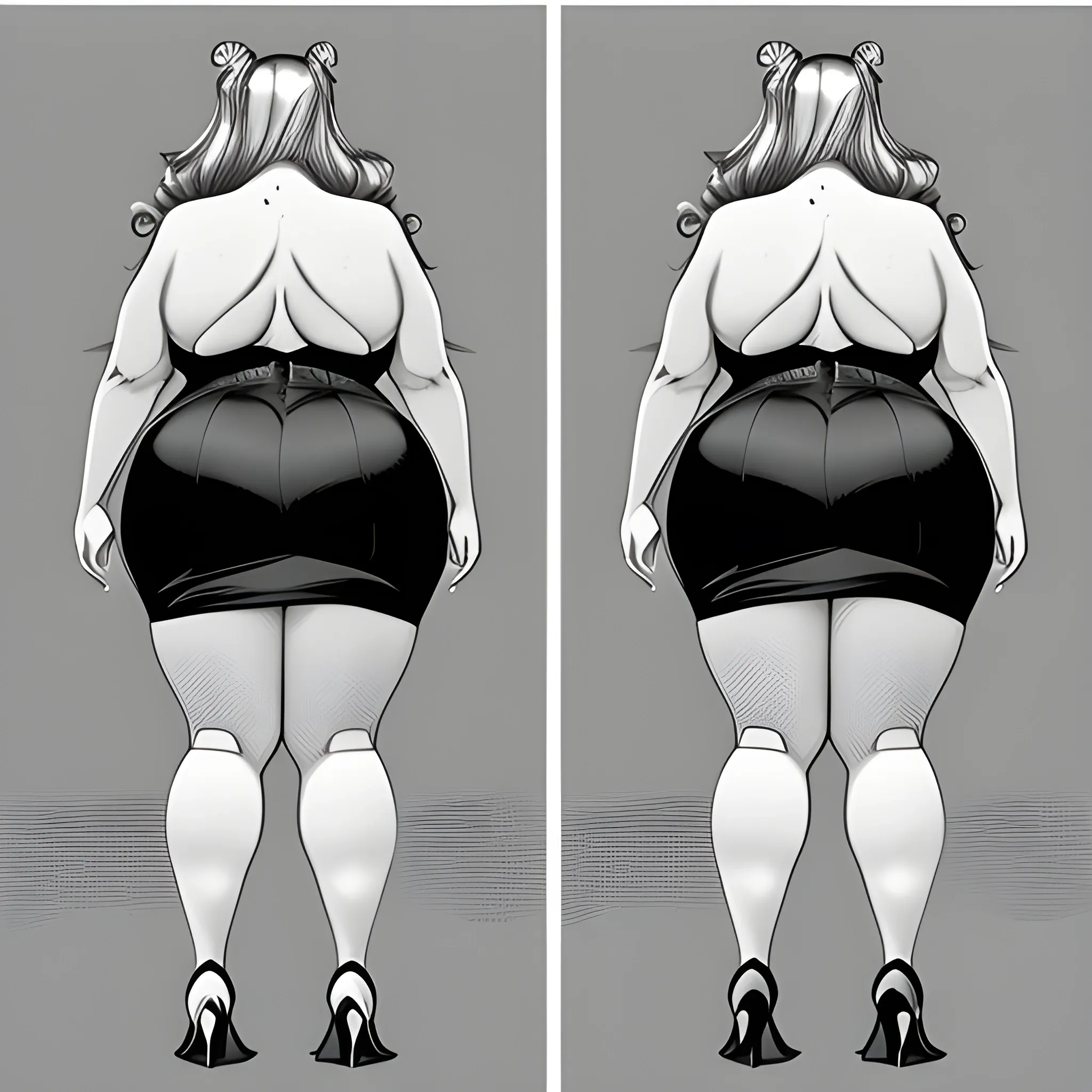 multiple views, (SFW:1.5), from behind, low angle, masterpiece,  hyper-detailed, stunning intricate hyperrealistic pencil portrait of 43 y.o. obese pinup MILF walks down a busy street in a short skirt when a gust of wind lifts the skirt to reveal her thighs, stocking and garter, high heels, (Pencil Sketch), thick outlines, by Monica Lee, (full body shot:1.4),  ultra-detailed skin, distance shot, pinup art, perfect face, half turn pinup pose,

