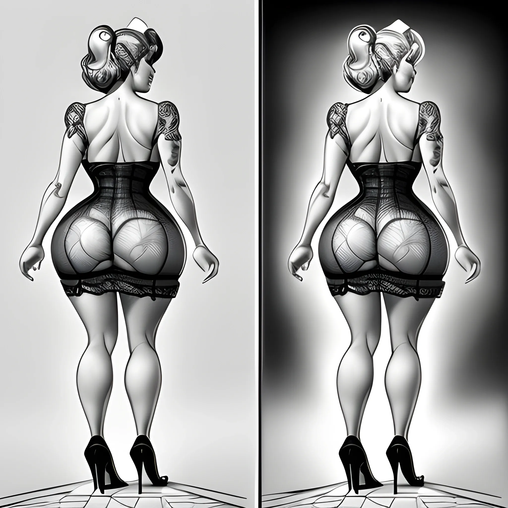 multiple views, (SFW:1.5), from behind, low angle, masterpiece,  hyper-detailed, stunning intricate hyperrealistic pencil portrait of 43 y.o. pinup MILF walks down a busy street in a short skirt when a gust of wind lifts the skirt to reveal her thighs, stocking and garter, high heels, (Pencil Sketch), thick outlines, by Monica Lee, (full body shot:1.4),  ultra-detailed skin, distance shot, pinup art, perfect face, half turn pinup pose, 4K, ultrasharp, intricate details,

