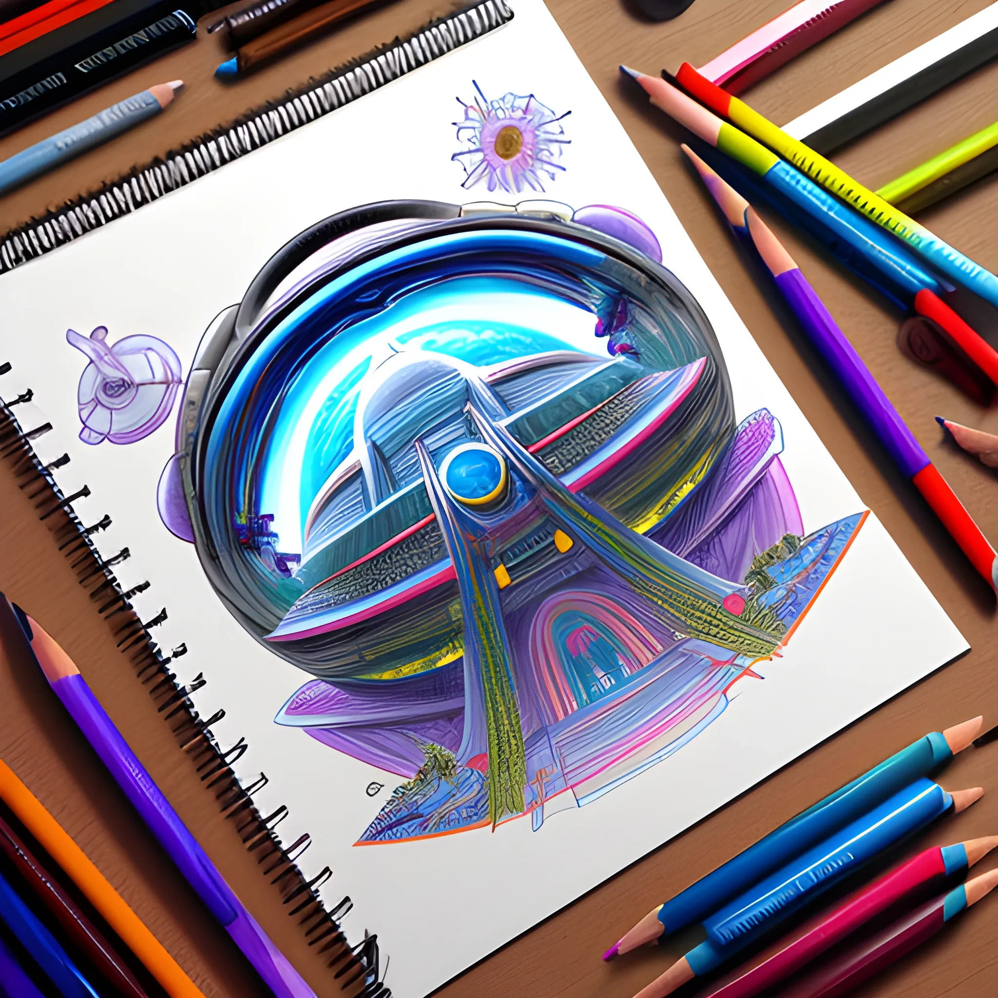 Future designs, planetary universes, super buildings and aliens, centered compositions and colorful., Pencil Sketch