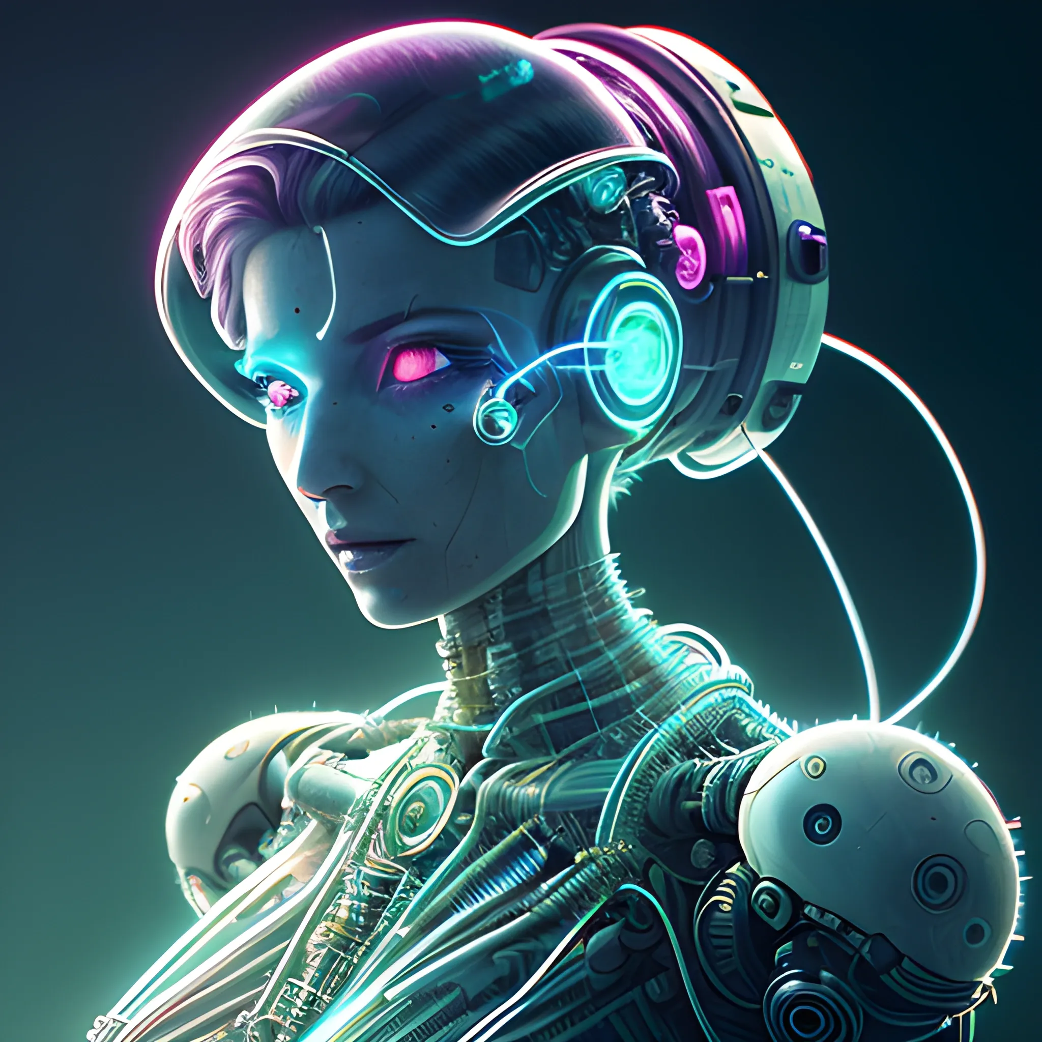 Ultra realistic full shot of a crystal and glass biomechanical cyborg woman with glowing electrical cables and colorful wired mechanical arms, cyberpunk, sci-fi, fantasy, Kodak, soft light, volumetric lighting, night, fog, smoke, complex, elegant, very detailed, digital painting, artstation, concept art, soft and sharp focus, illustration, Hans Ruedi Giger style art like the alien films, Trippy