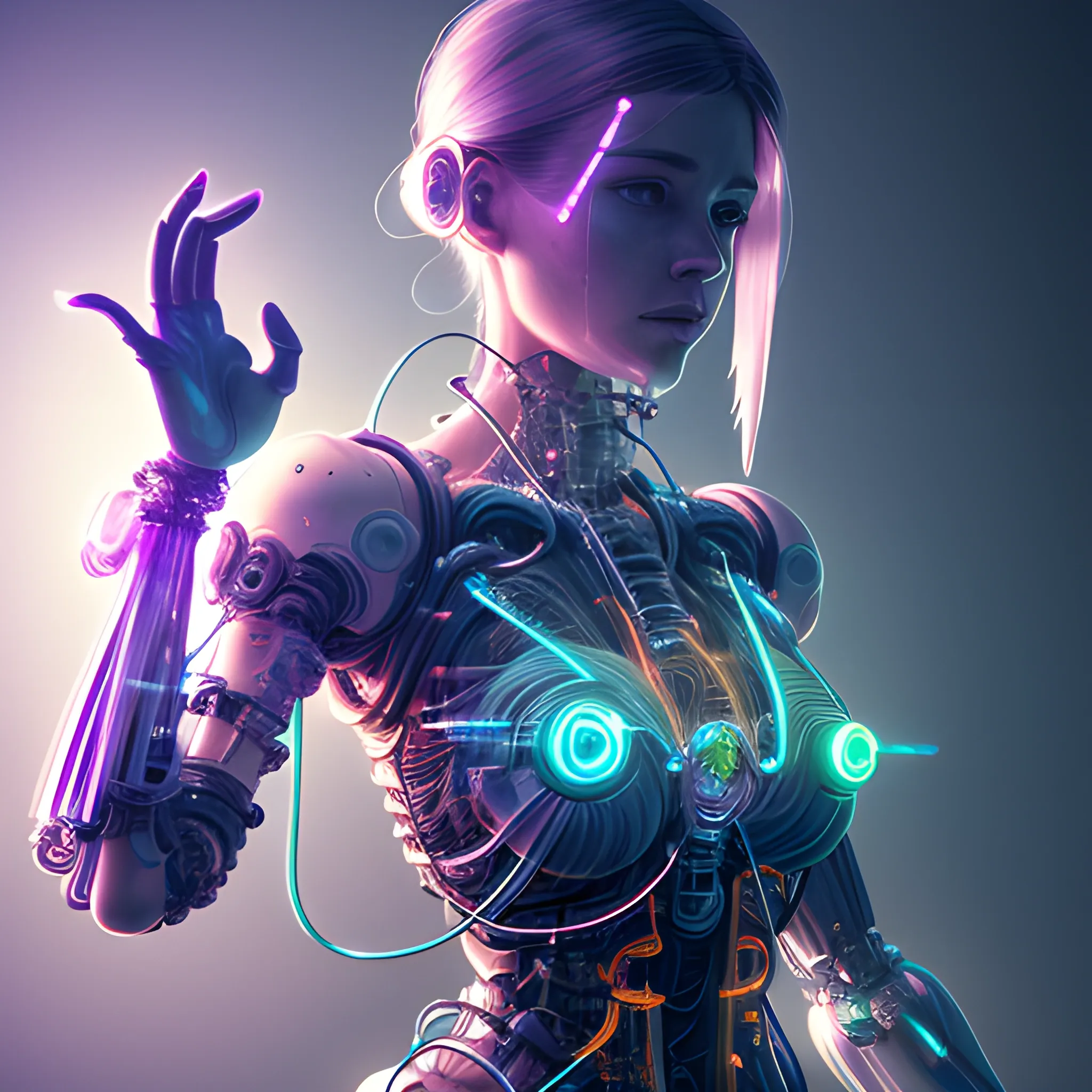 Ultra realistic full shot of a crystal and glass biomechanical cyborg woman with glowing electrical cables and colorful wired mechanical arms, cyberpunk, sci-fi, fantasy, Kodak, soft light, volumetric lighting, night, fog, smoke, complex, elegant, very detailed, digital painting, artstation, concept art, soft and sharp focus, illustration, Hans Ruedi Giger style art like