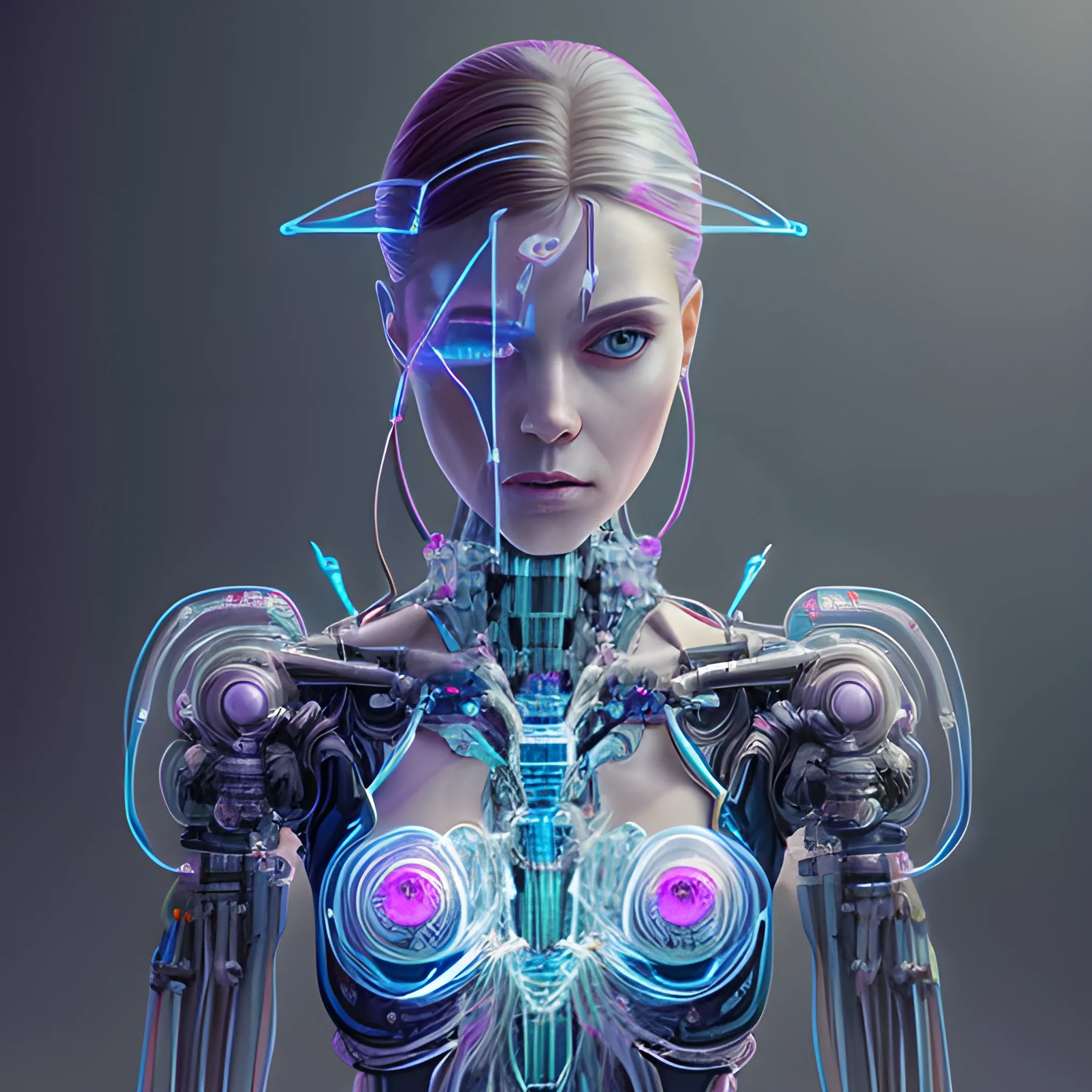 Ultra realistic full shot of a crystal and glass biomechanical cyborg woman with glowing electrical cables and colorful wired mechanical arms, cyberpunk, sci-fi, fantasy, Kodak, soft light, volumetric lighting, night, fog, smoke, complex, elegant, very detailed, digital painting, artstation, concept art, soft and sharp focus, illustration, Hans Ruedi Giger style art like, espace cosmique étoilées en arrière plan