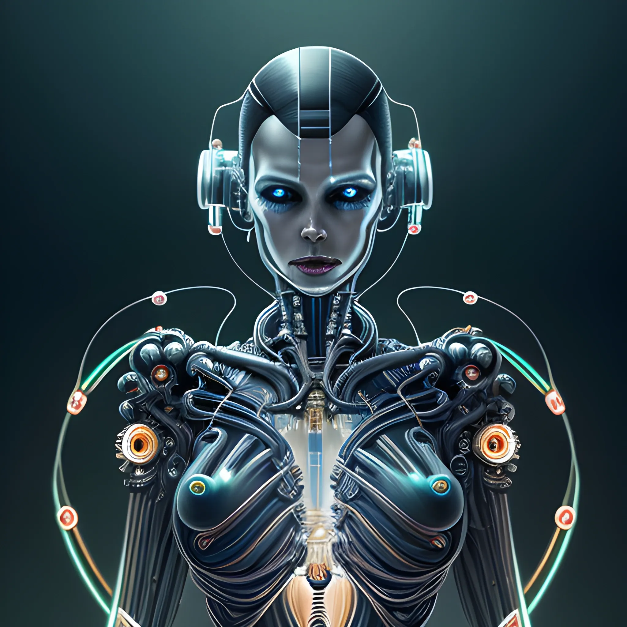 Ultra realistic full shot of a biomechanical cyborg woman made of crystal and glass with glowing electrical cables and colorful wired mechanical arms, cyberpunk, , cosmic space stars in the background, science fiction, fantasy, Kodak, soft light, volumetric lighting, night, fog, smoke, intricate, elegant, highly detailed, digital painting, artstation, concept art, soft and sharp focus, illustration, Hans Ruedi Giger style art like the alien films