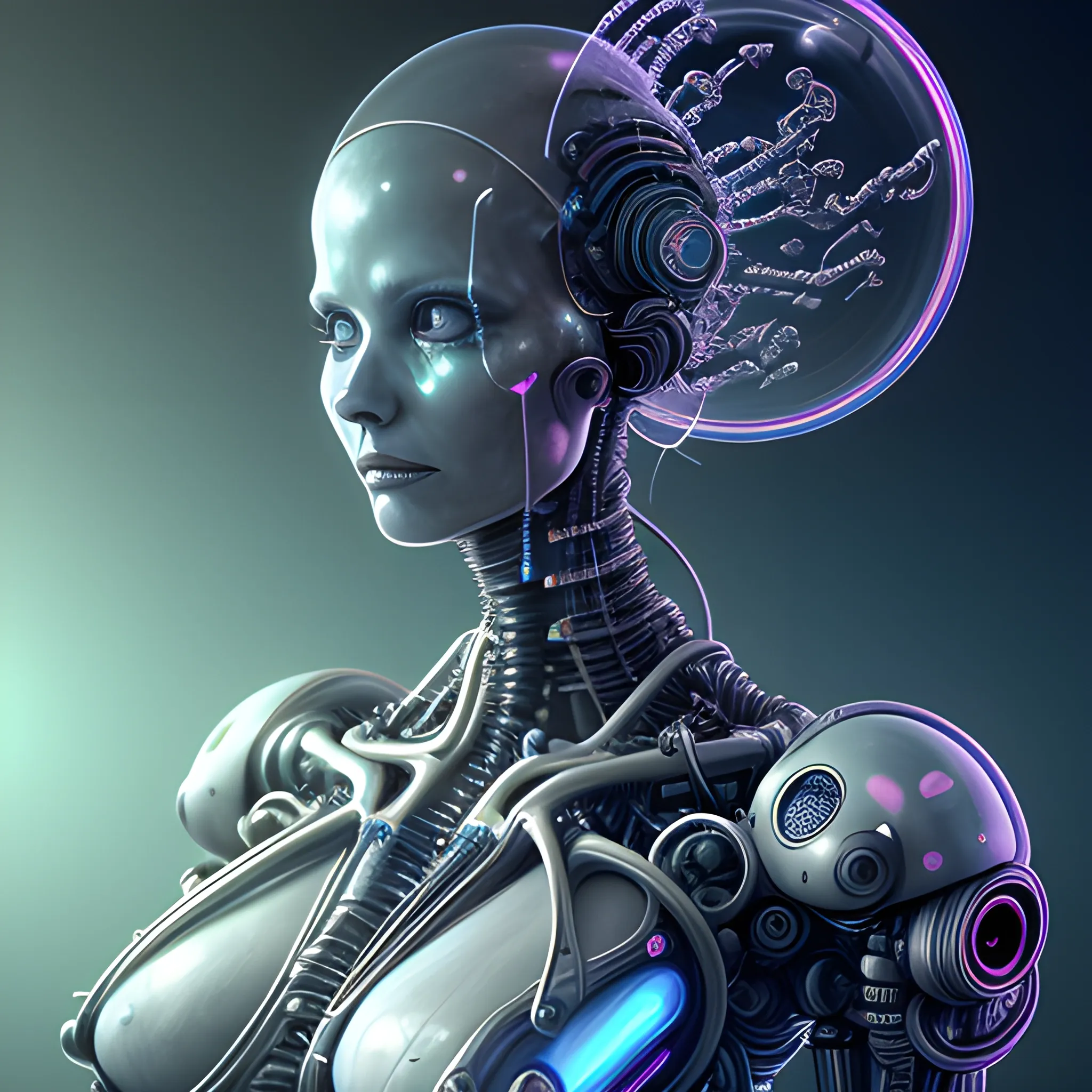 Ultra realistic full shot of a biomechanical cyborg woman made of crystal and glass with glowing electrical cables and colorful wired mechanical arms, cyberpunk and cosmic space stars in the background, science fiction, fantasy, Kodak, soft light, volumetric lighting, night, fog, smoke, intricate, elegant, highly detailed, digital painting, artstation, concept art, soft and sharp focus, illustration, Hans Ruedi Giger style art like the alien films, Trippy