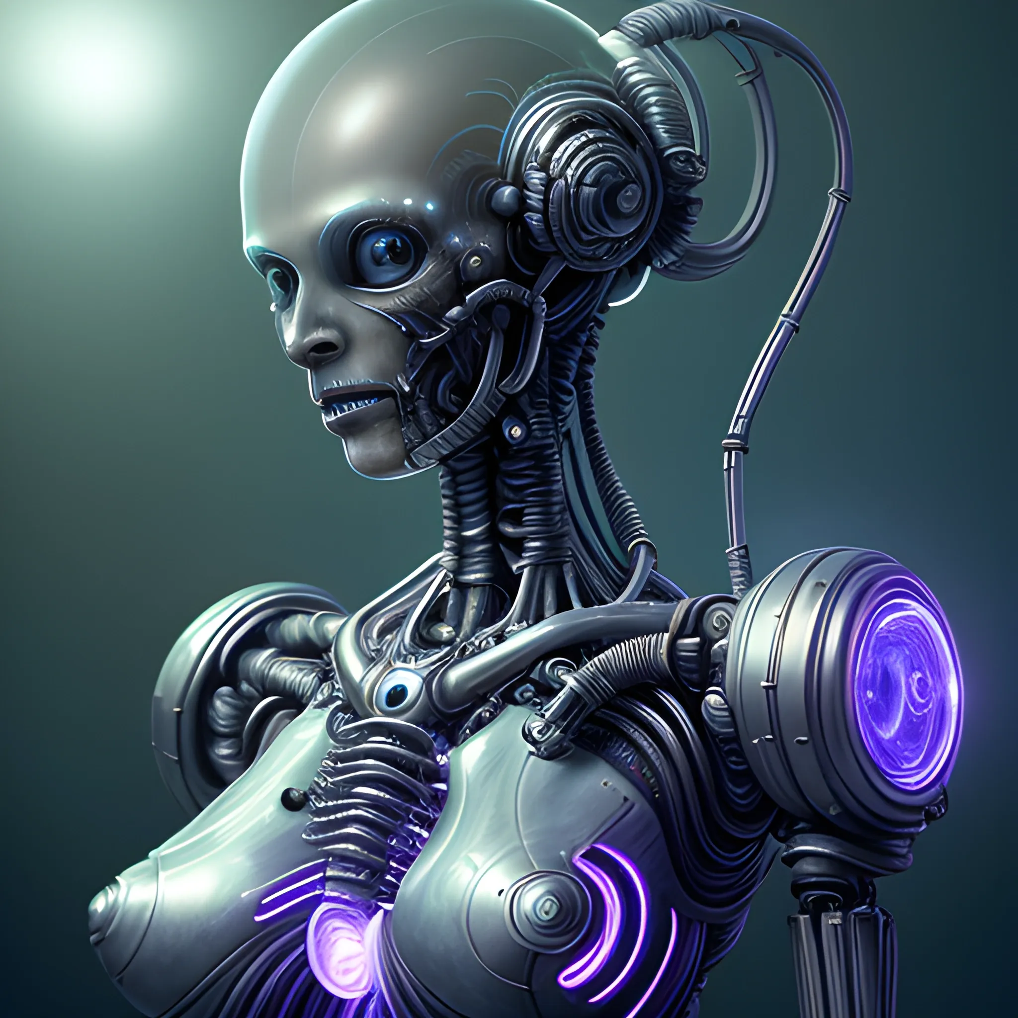 Ultra realistic full shot of a biomechanical cyborg woman made of crystal and glass with glowing electrical cables and colorful wired mechanical arms, space stars in the background, cyberpunk, science fiction, fantasy, Kodak, soft light, volumetric lighting, night, fog, smoke, intricate, elegant, highly detailed, digital painting, artstation, concept art, soft and sharp focus, illustration, Hans Ruedi Giger style art like the alien films, 3D